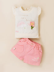 Floral Applique Top & Shorts Set for Girls