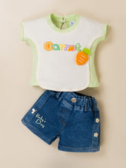 Girls Carrot Applique Top & Denim Shorts Set