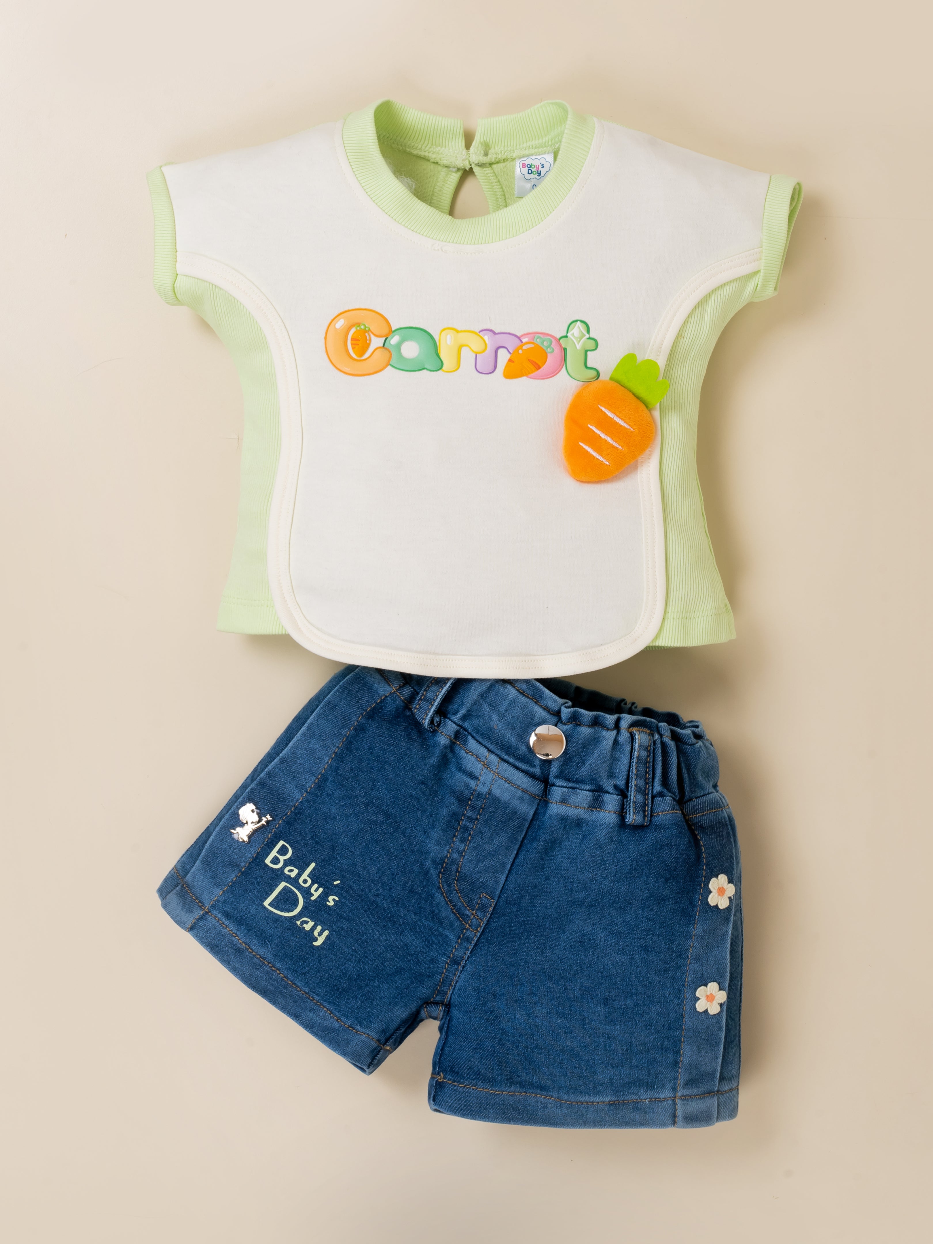 Girls Carrot Applique Top & Denim Shorts Set