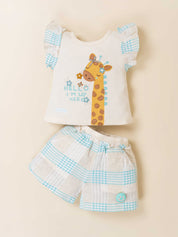 Girls Printed Knit Top with Woven Check Shorts