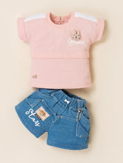 Girls Bunny Print Top with Denim Shorts Clothing Set