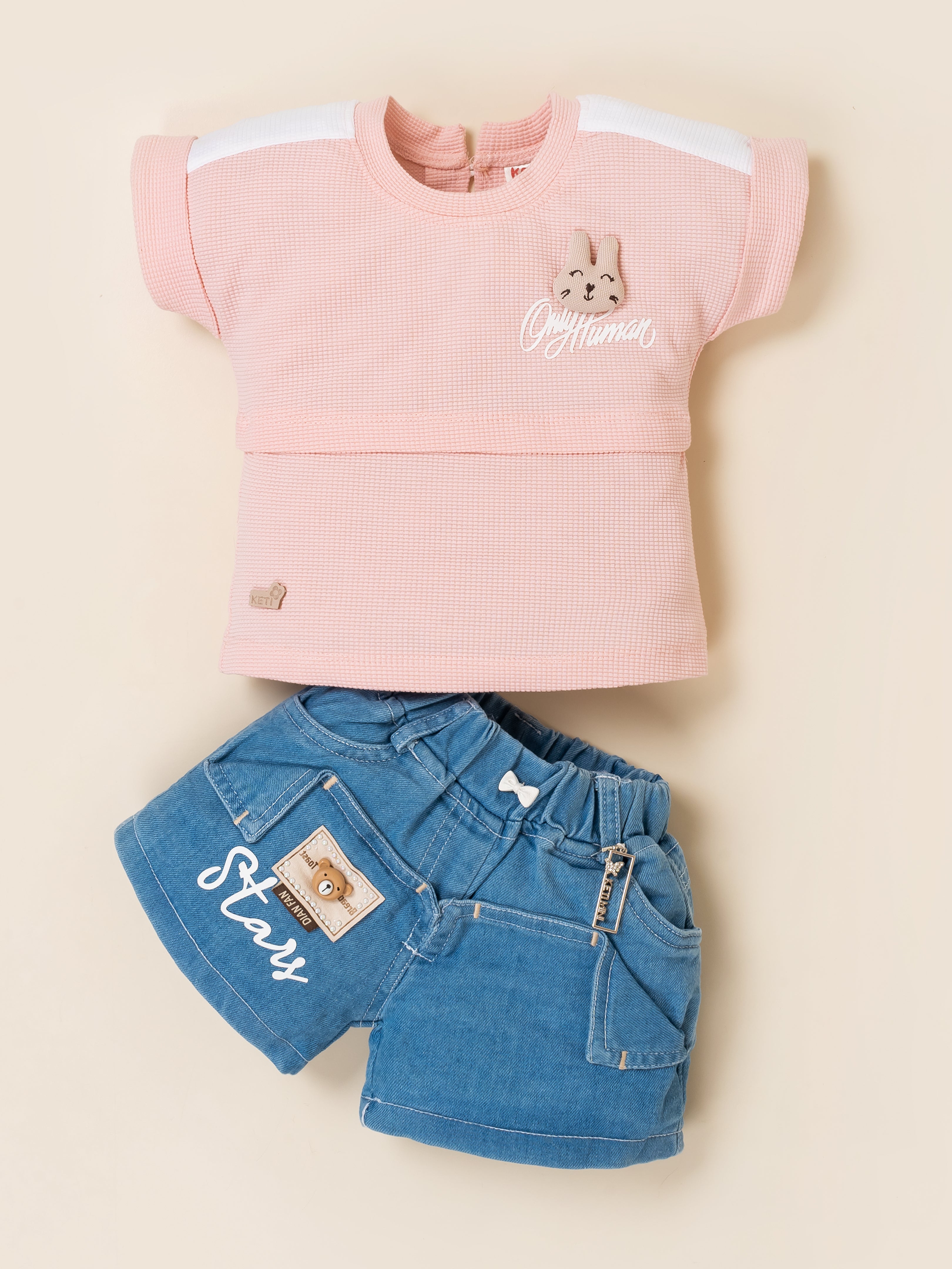 Girls Bunny Print Top with Denim Shorts Clothing Set