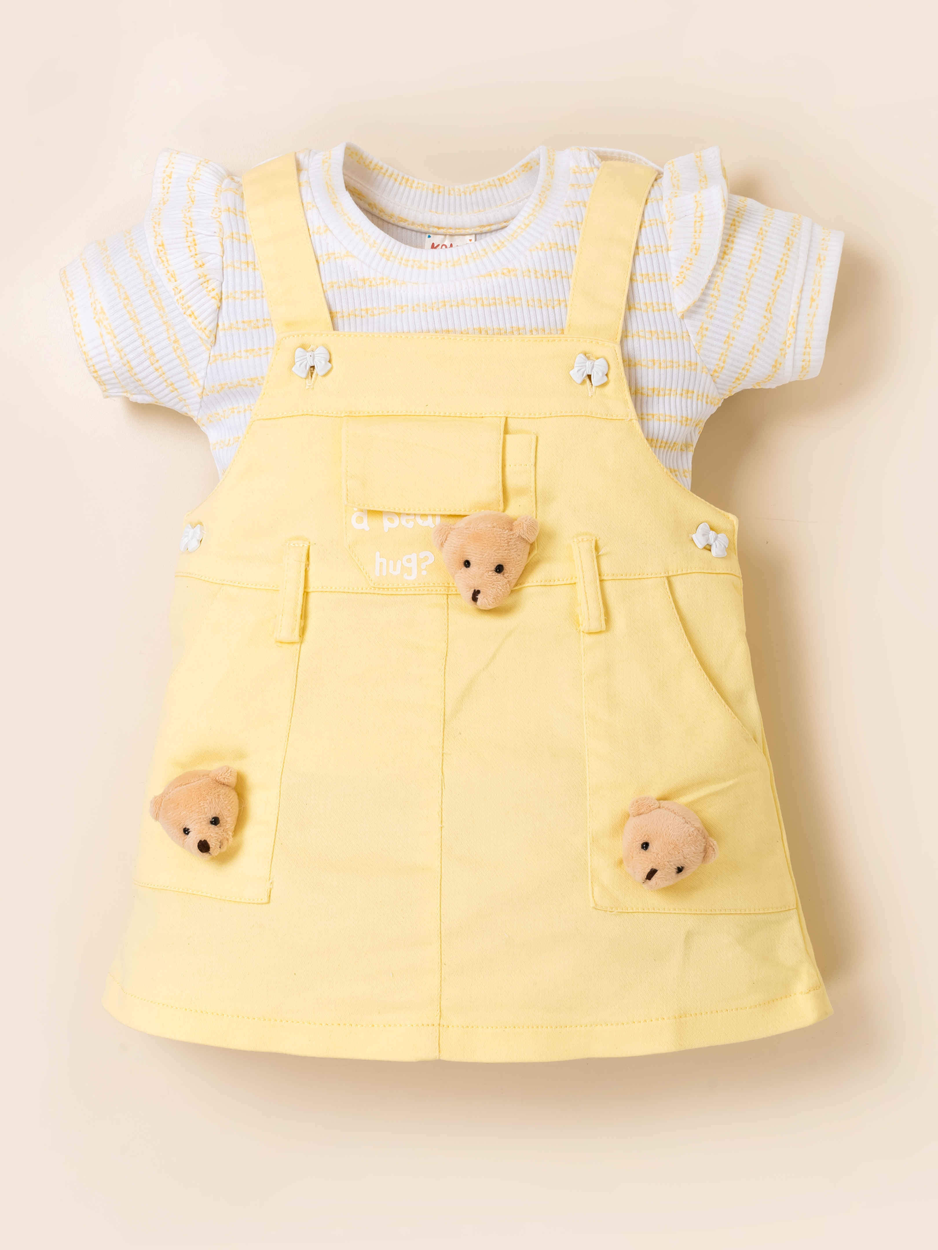 Girls Teddy Applique Dungaree Dress Set