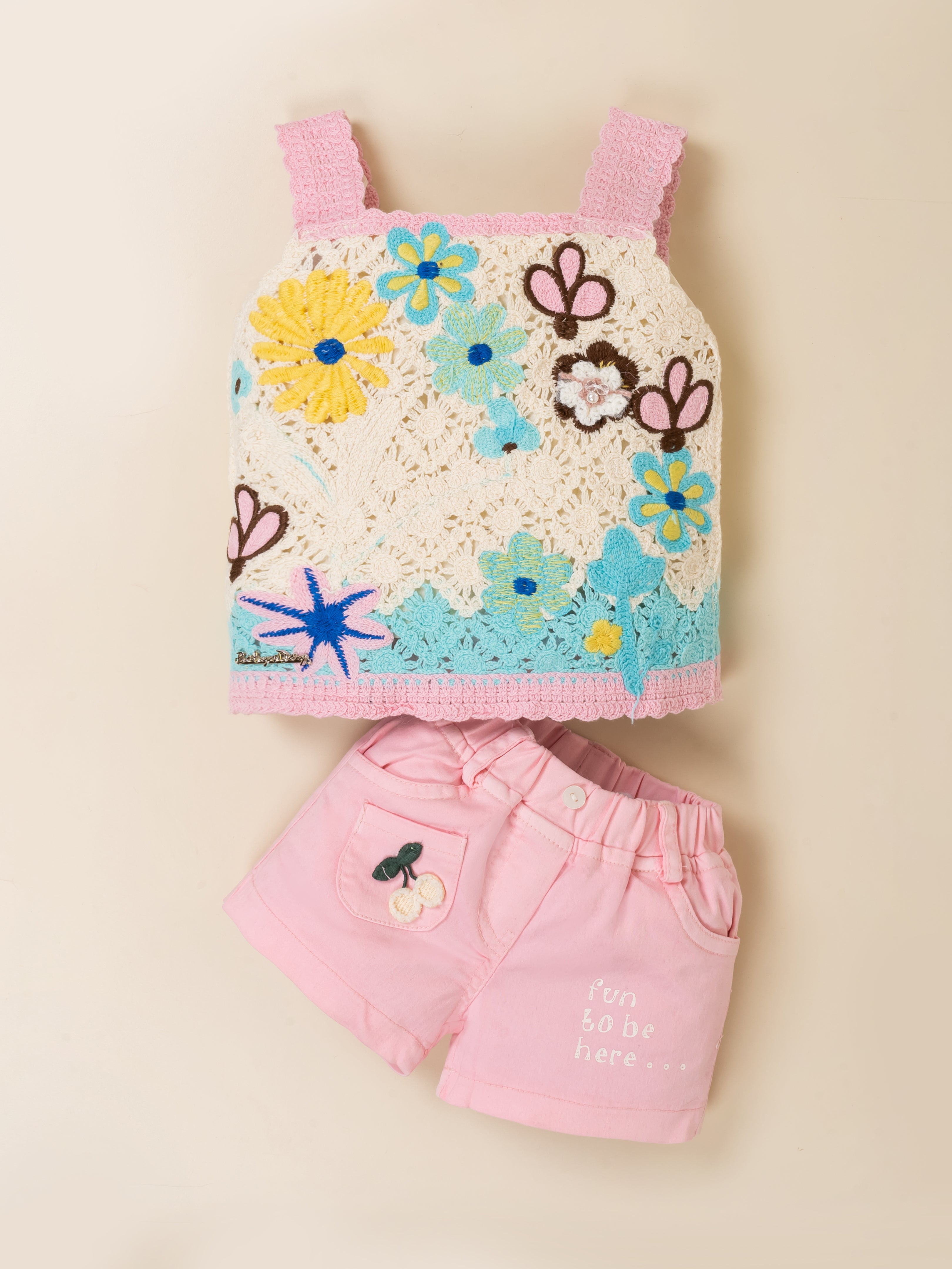 Girls Floral Crochet Top & Pink Shorts Set