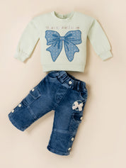 Girls Sweatshirt with Wide Leg Denim Cargo Jeans Set