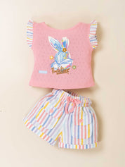 Girls Two-Piece Bunny Print Top & Striped Shorts Set