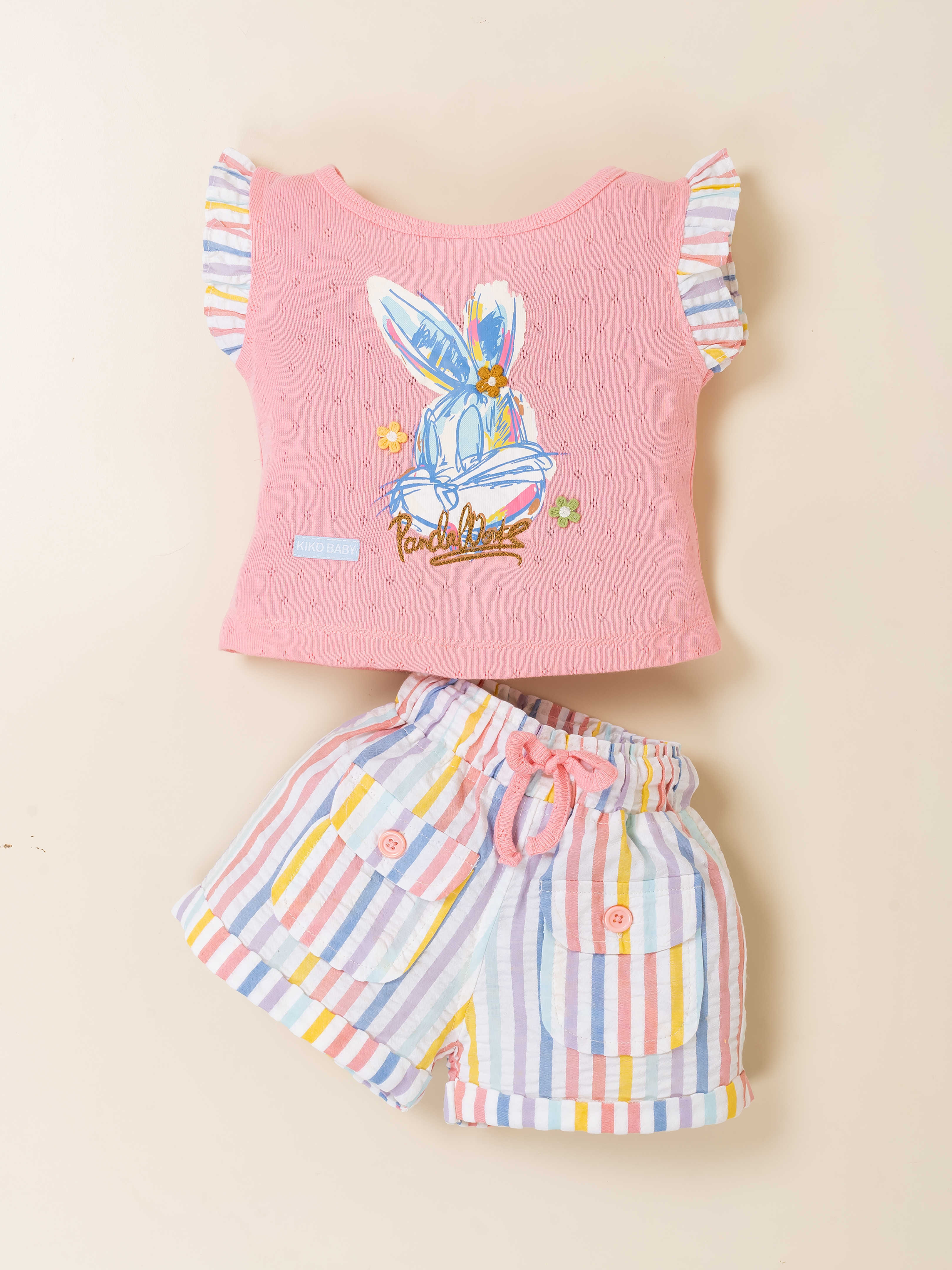 Girls Two-Piece Bunny Print Top & Striped Shorts Set