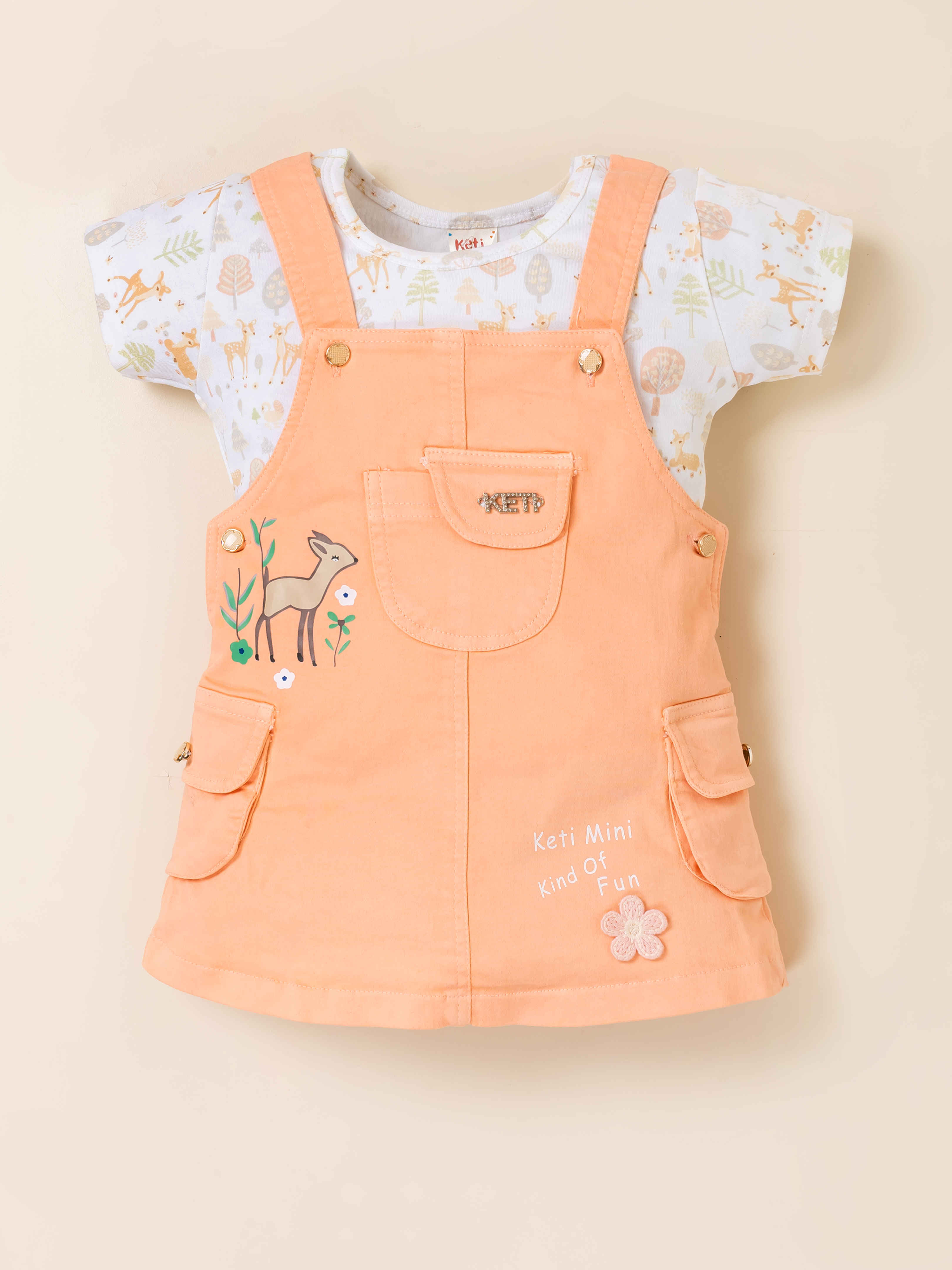 Girls Deer Print Dungaree Dress Set with T-Shirt