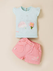 Floral Applique Top & Shorts Set for Girls