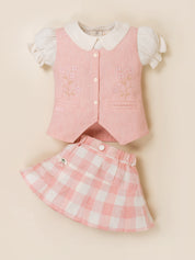 Girls Vest & Checkered Skirt Set with Top