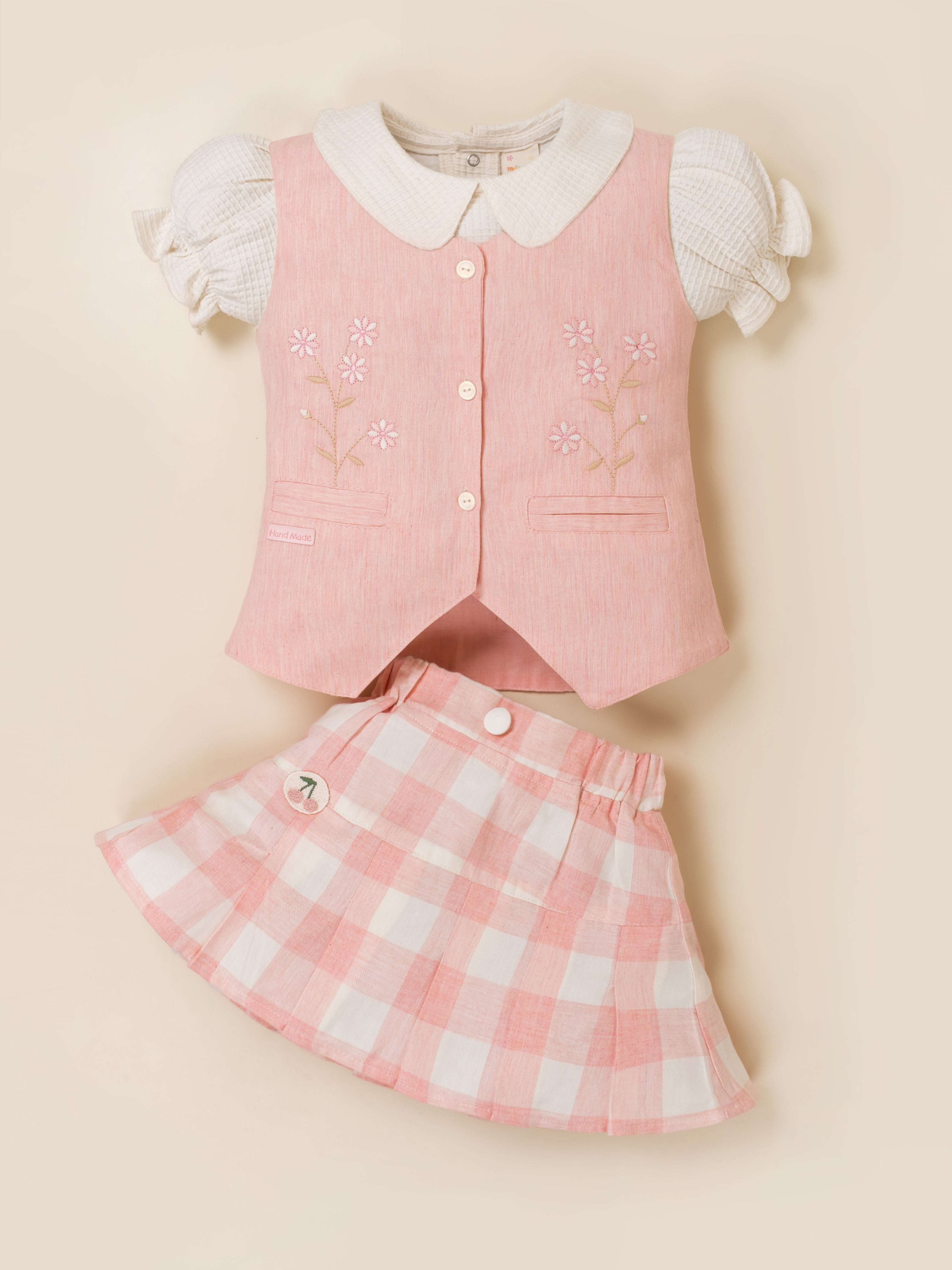 Girls Vest & Checkered Skirt Set with Top