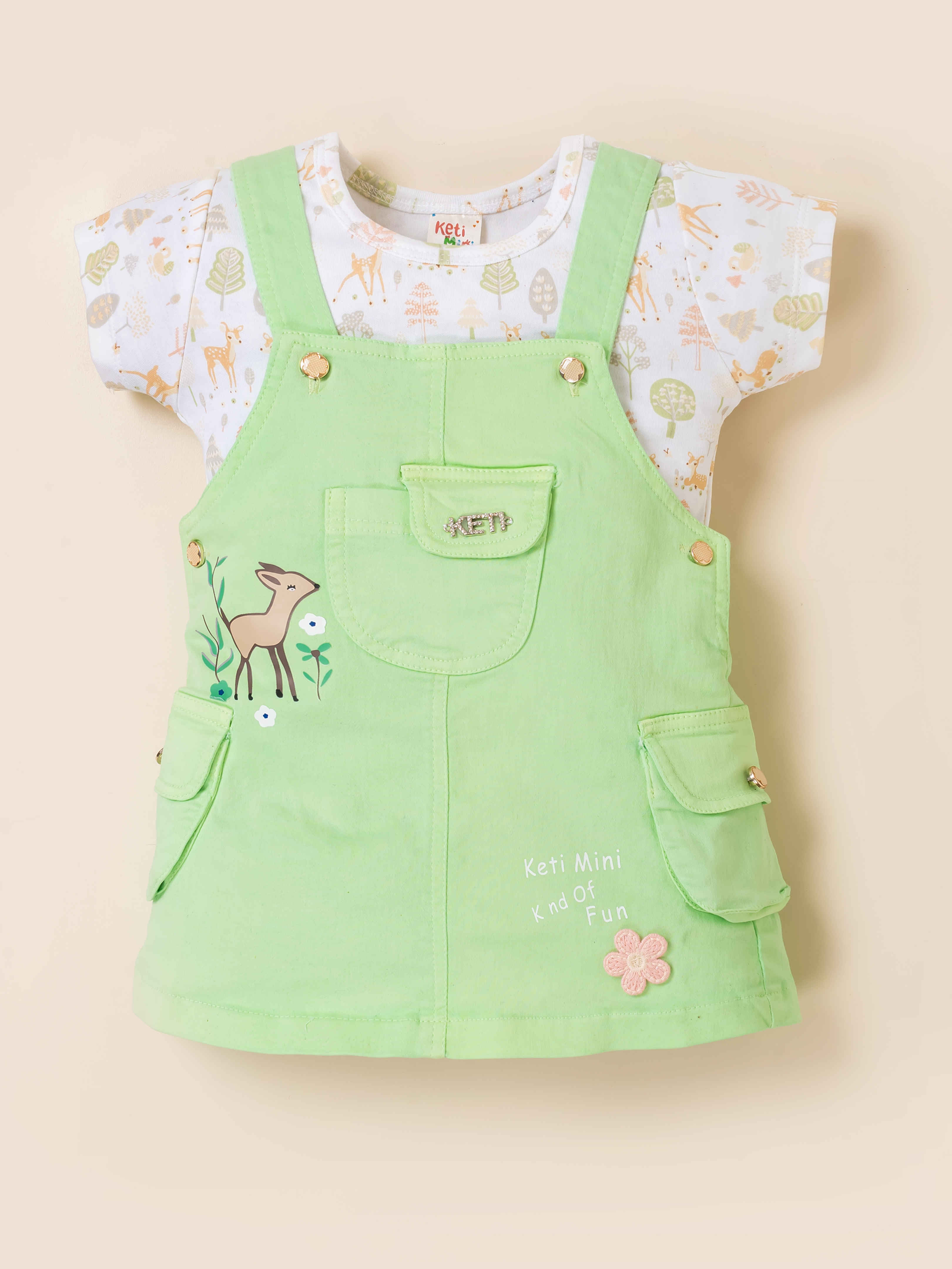 Girls Deer Print Dungaree Dress Set with Short Sleeve T-Shirt
