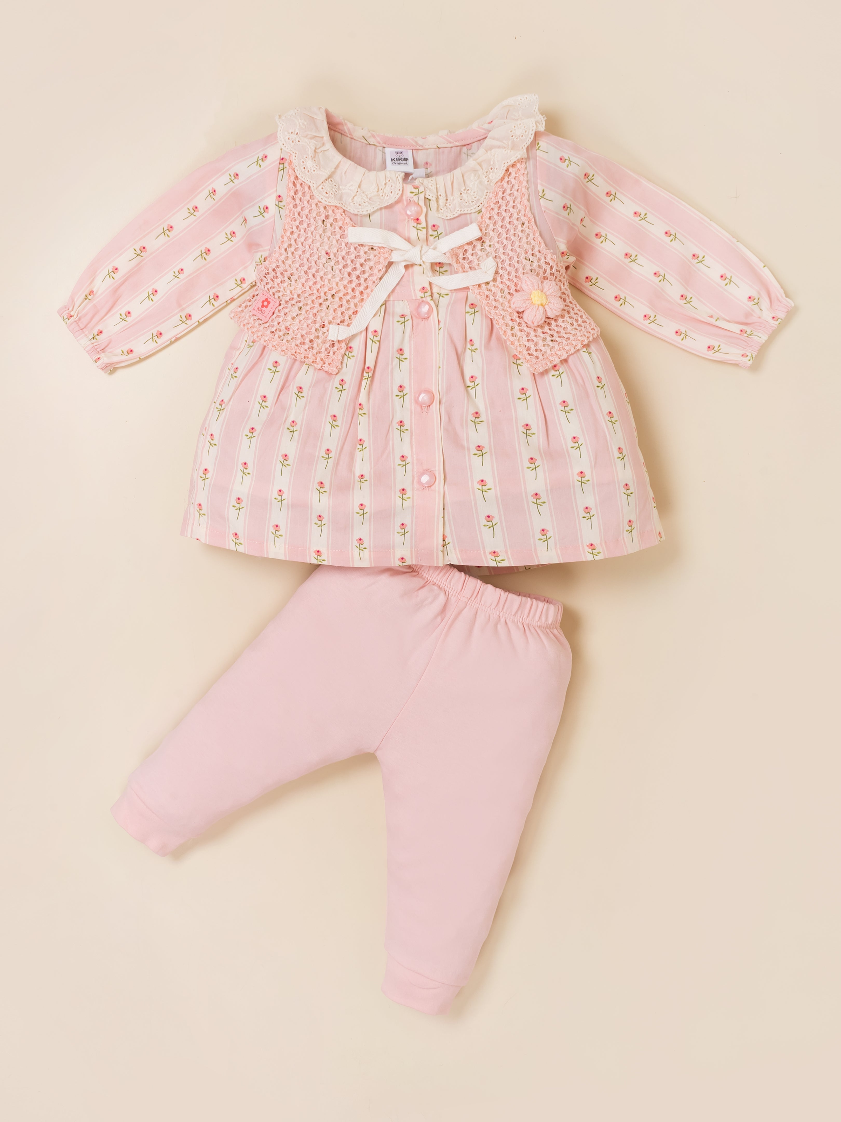Baby Girls Floral Print Top with Knit Vest & Bottom Set