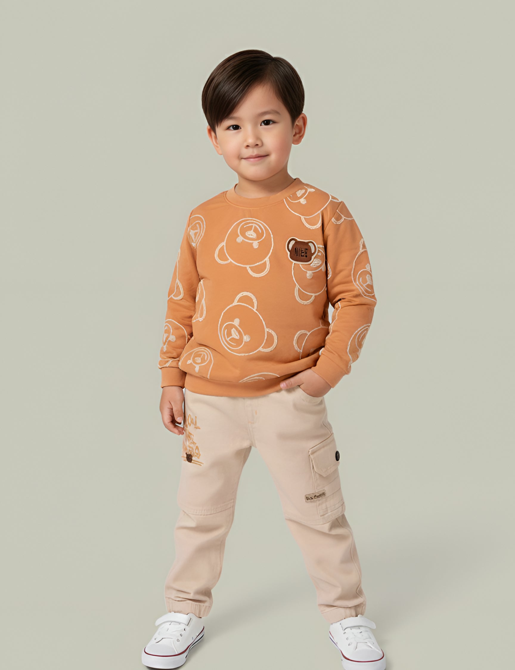 Boys Teddy Bear Printed Sweatshirt & Cargo Pants Set | Cream & Orange