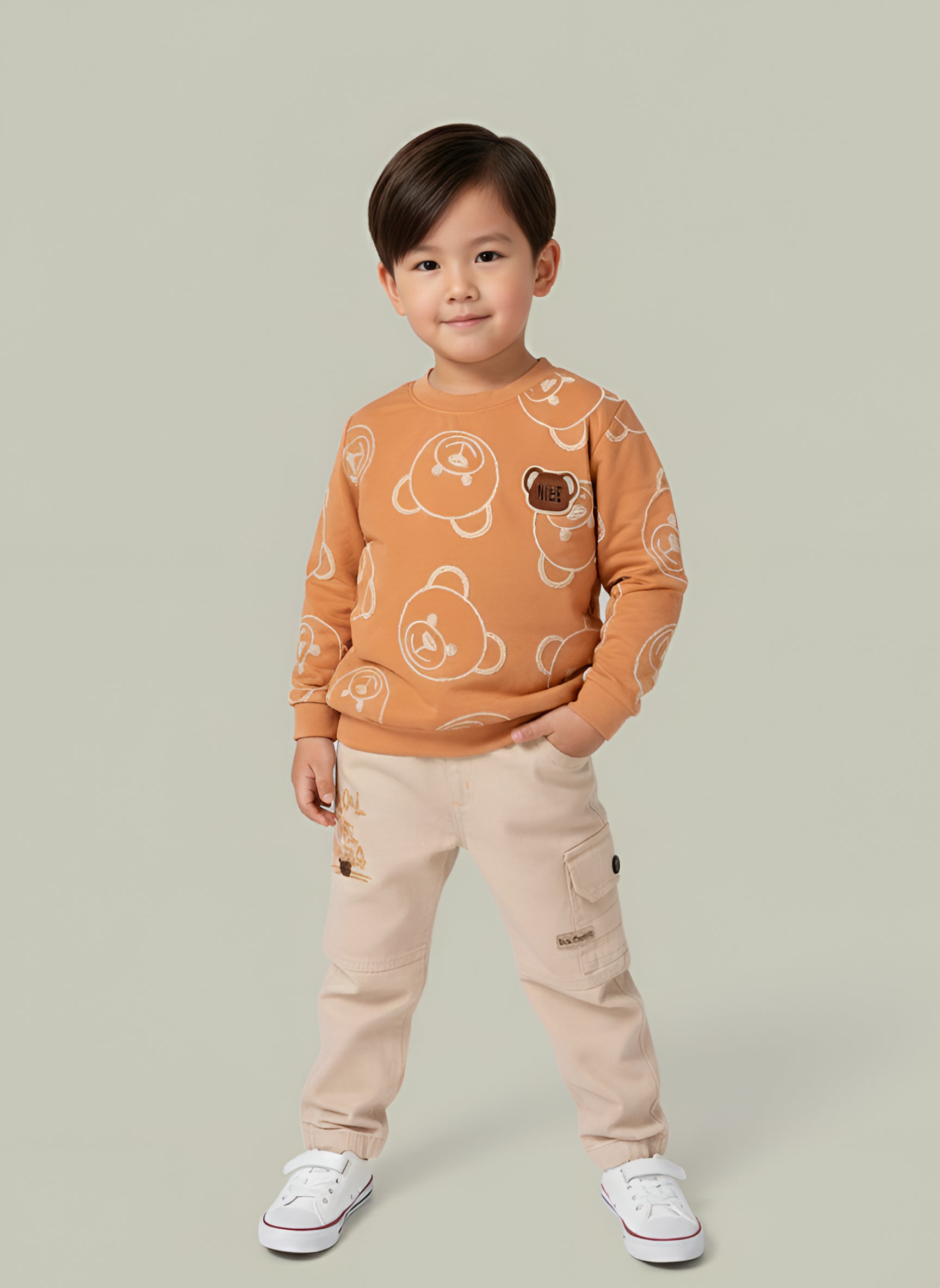 Boys Teddy Bear Printed Sweatshirt & Cargo Pants Set | Cream & Orange
