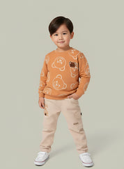 Boys Teddy Bear Printed Sweatshirt & Cargo Pants Set | Cream & Orange