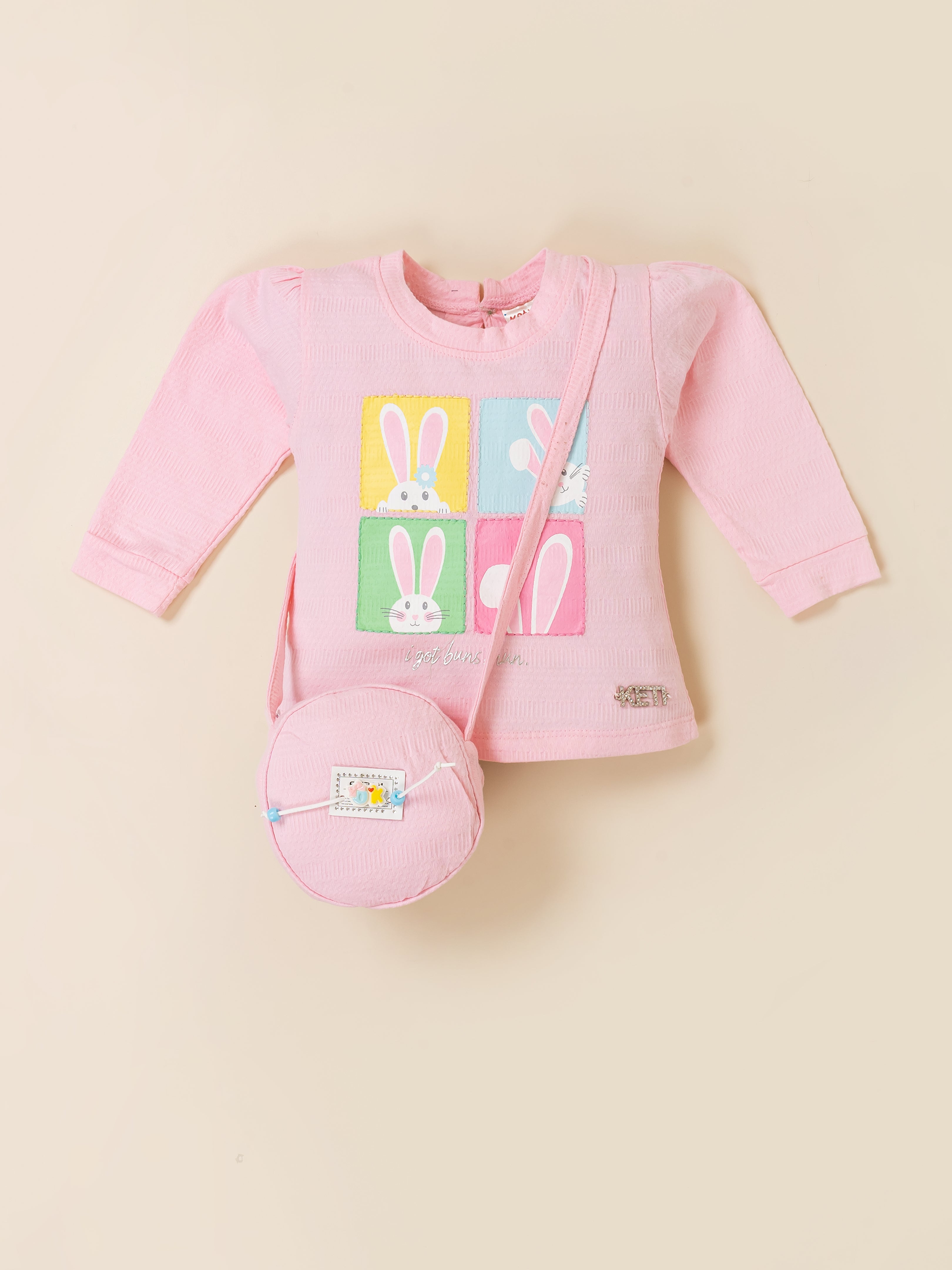 Girls Top with Denim Cargo Pants & Sling Bag Set