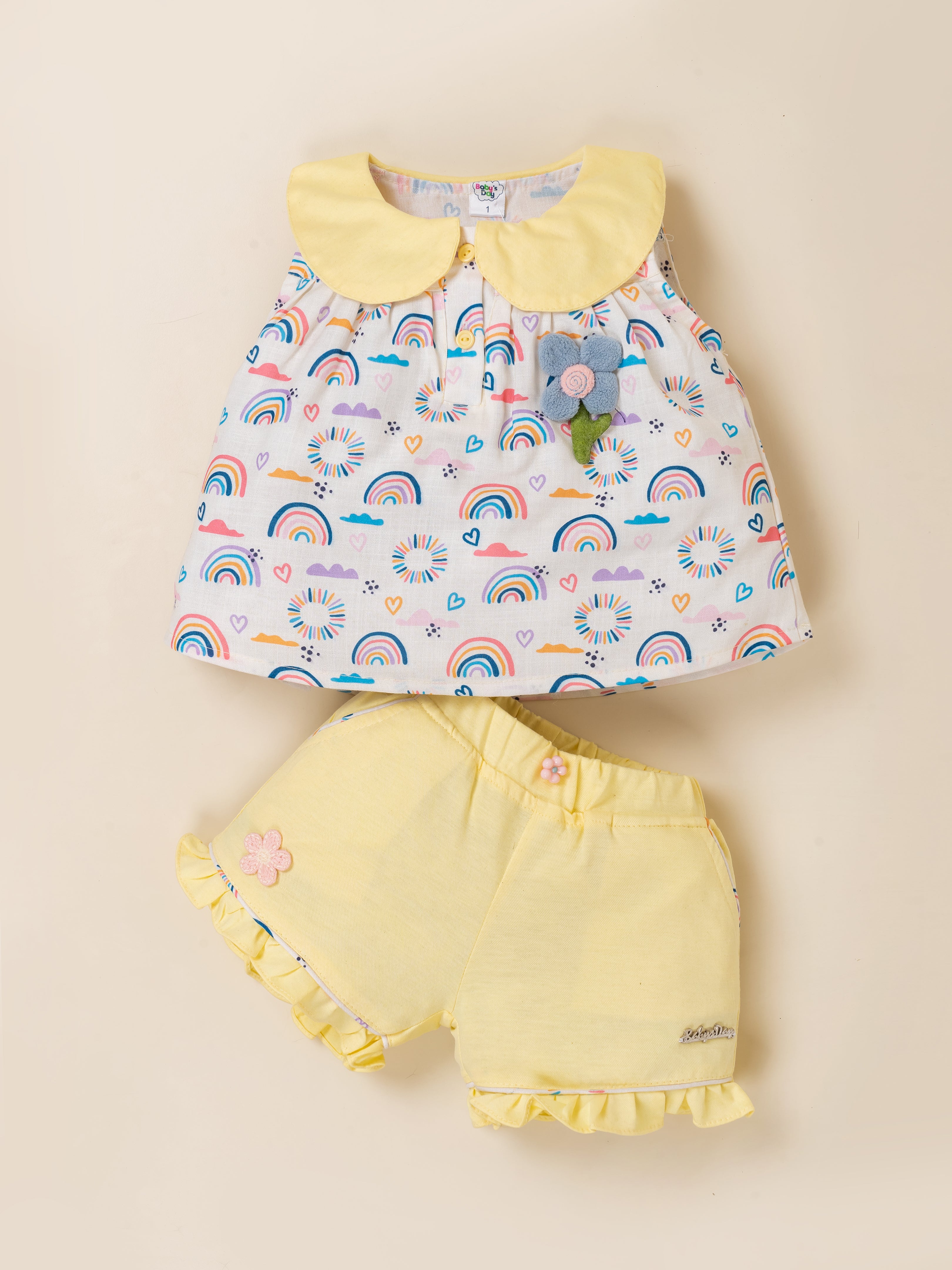 Baby Girls Rainbow Printed Top with Ruffle Shorts Set