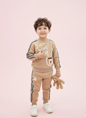 Trendy Kids Tracksuit Set – Printed Sweatshirt with Pocket & Striped Joggers | Beige & Blue