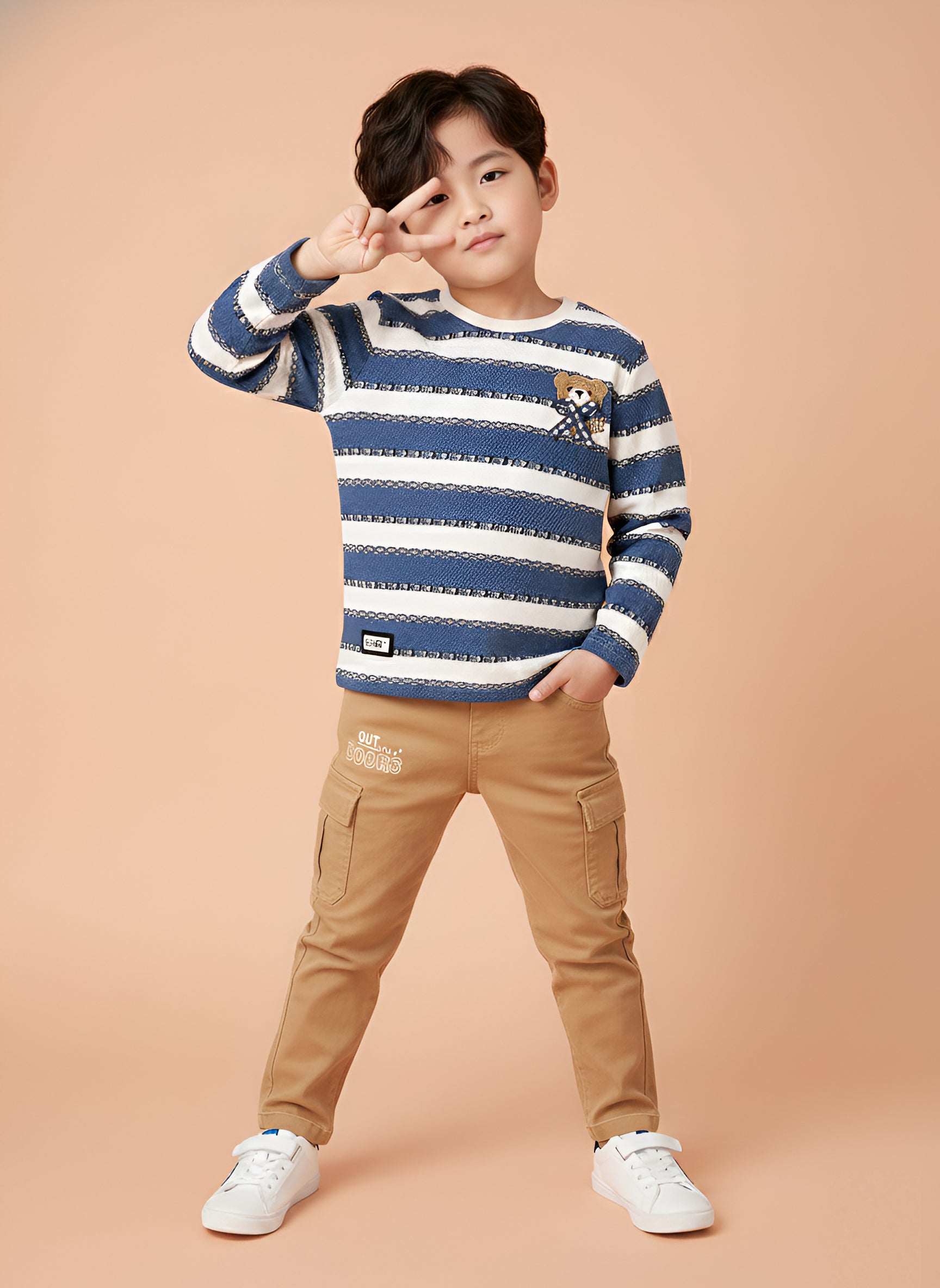 Stripe Pattern Sweater Trendy Boys Casual Clothing Set | Brown & Blue