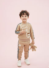Trendy Kids Tracksuit Set – Printed Sweatshirt with Pocket & Striped Joggers | Beige & Blue