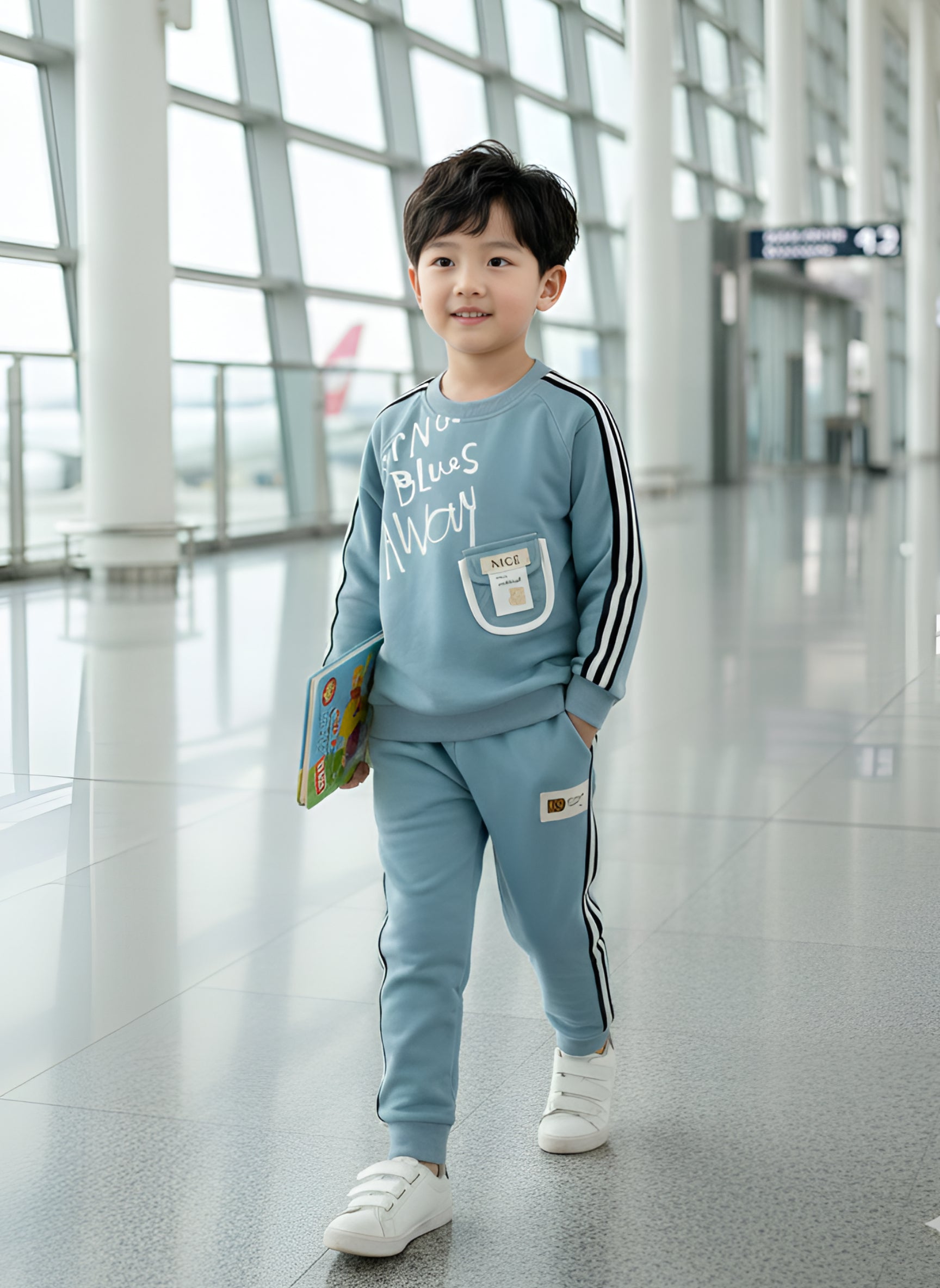 Trendy Kids Tracksuit Set – Printed Sweatshirt with Pocket & Striped Joggers | Beige & Blue