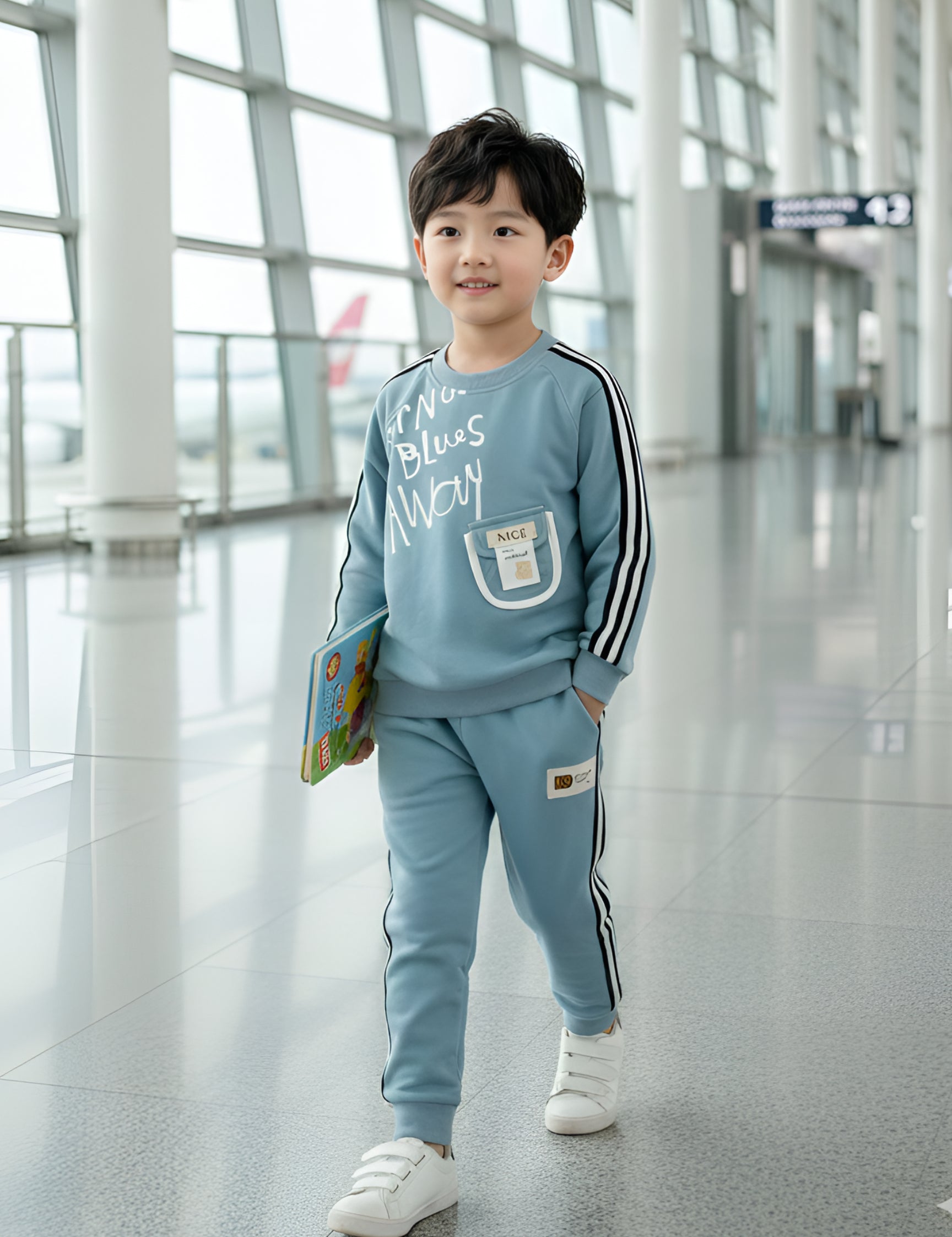 Trendy Kids Tracksuit Set – Printed Sweatshirt with Pocket & Striped Joggers | Beige & Blue
