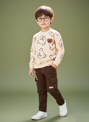 Boys Teddy Bear Printed Sweatshirt & Cargo Pants Set | Cream & Orange