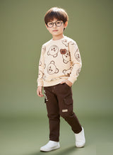 Boys Teddy Bear Printed Sweatshirt & Cargo Pants Set | Cream & Orange