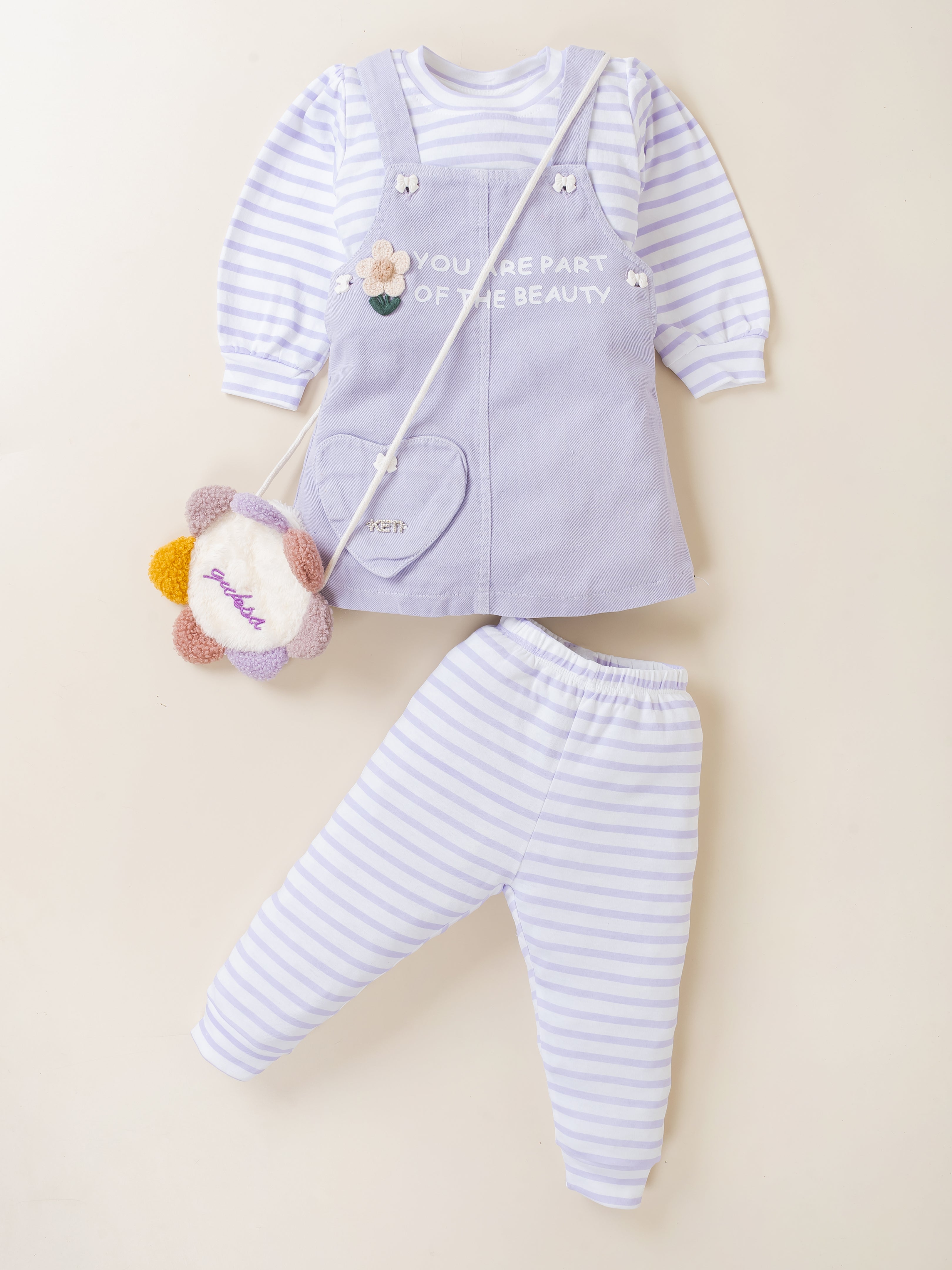 Girls Striped Top with Dungaree Dress & Leggings Set