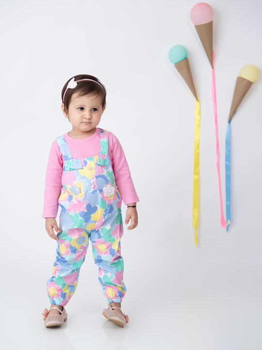 Girls Floral Printed Cotton Dungarees And T-Shirt