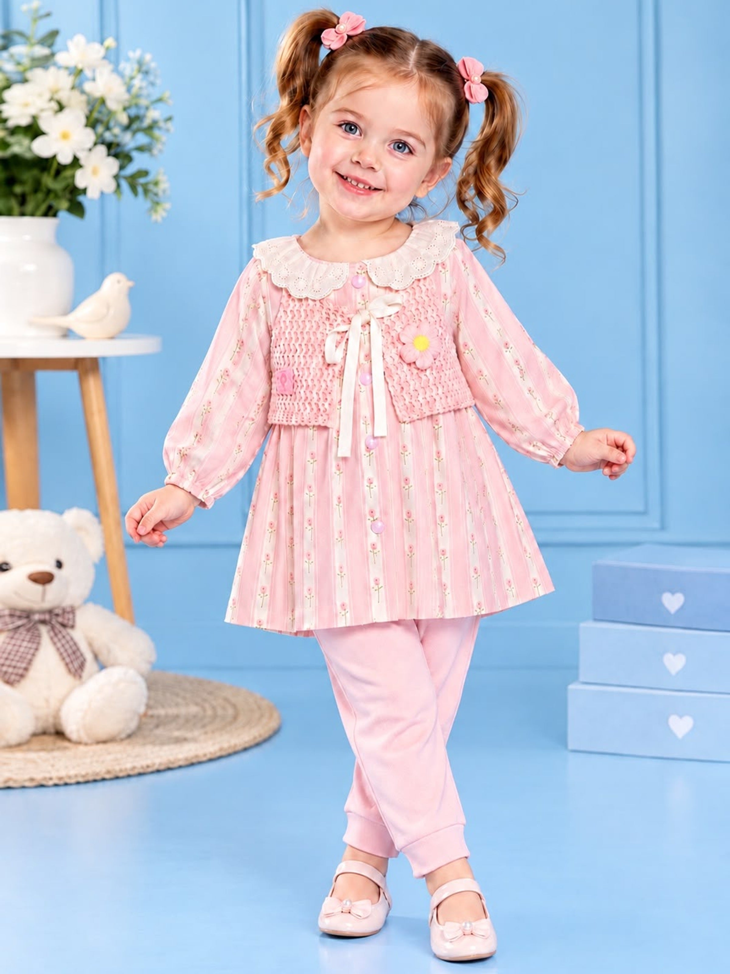 Baby Girls Floral Print Top with Knit Vest & Bottom Set