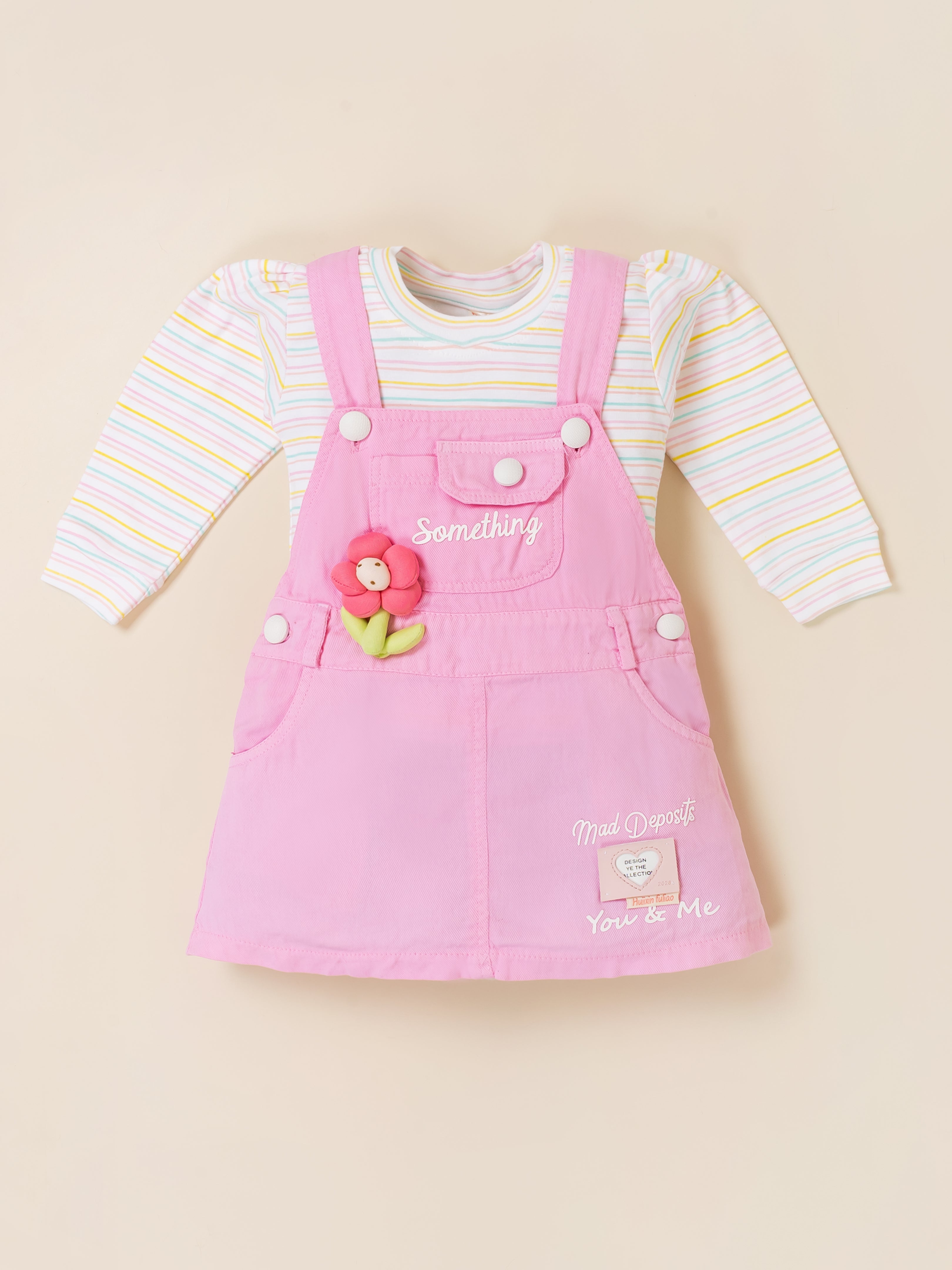 Girls Full Sleeve Top with Dungaree & Leggings Set