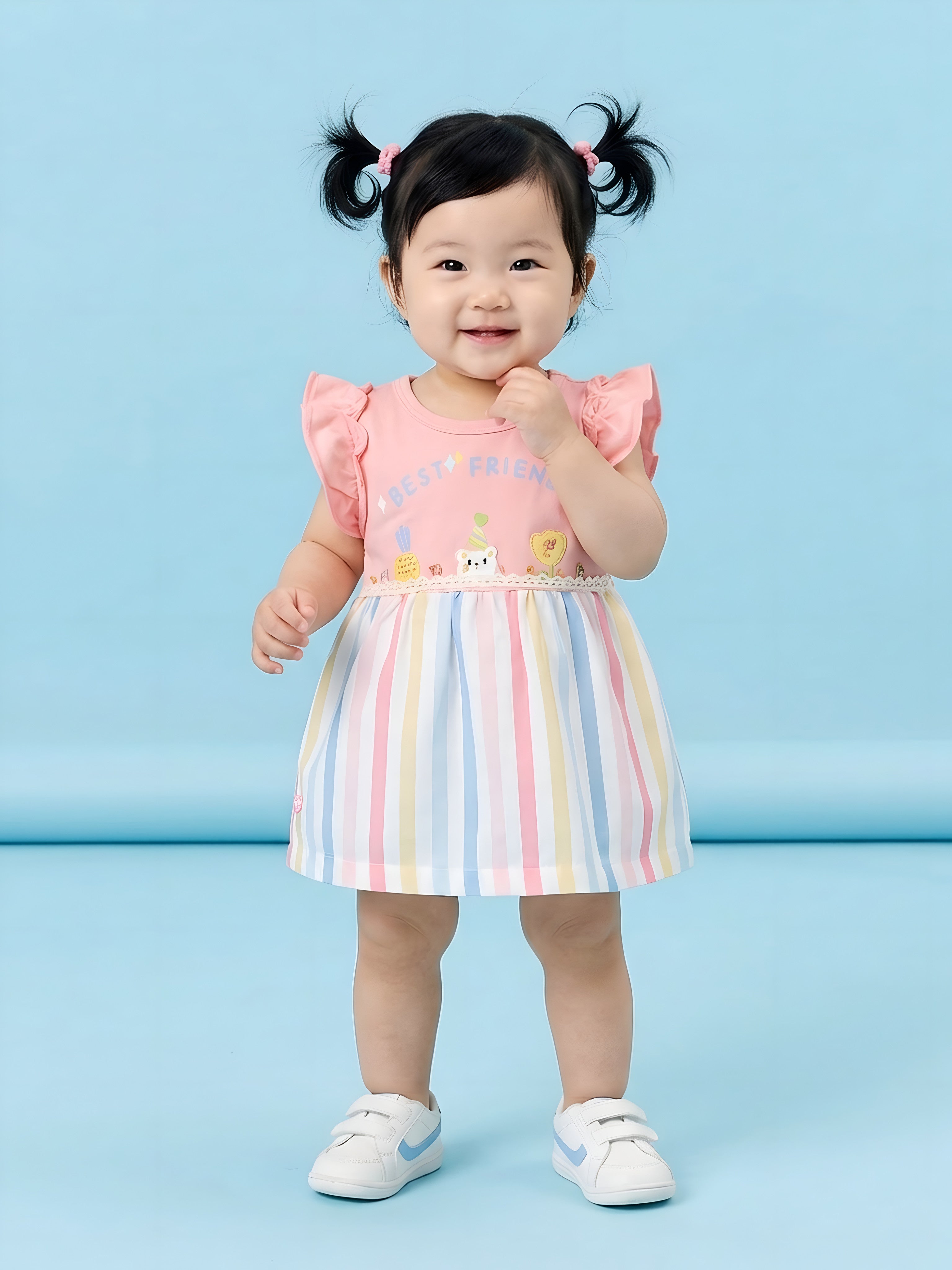 Infant Rainbow Striped Casual Frock with Panty Set