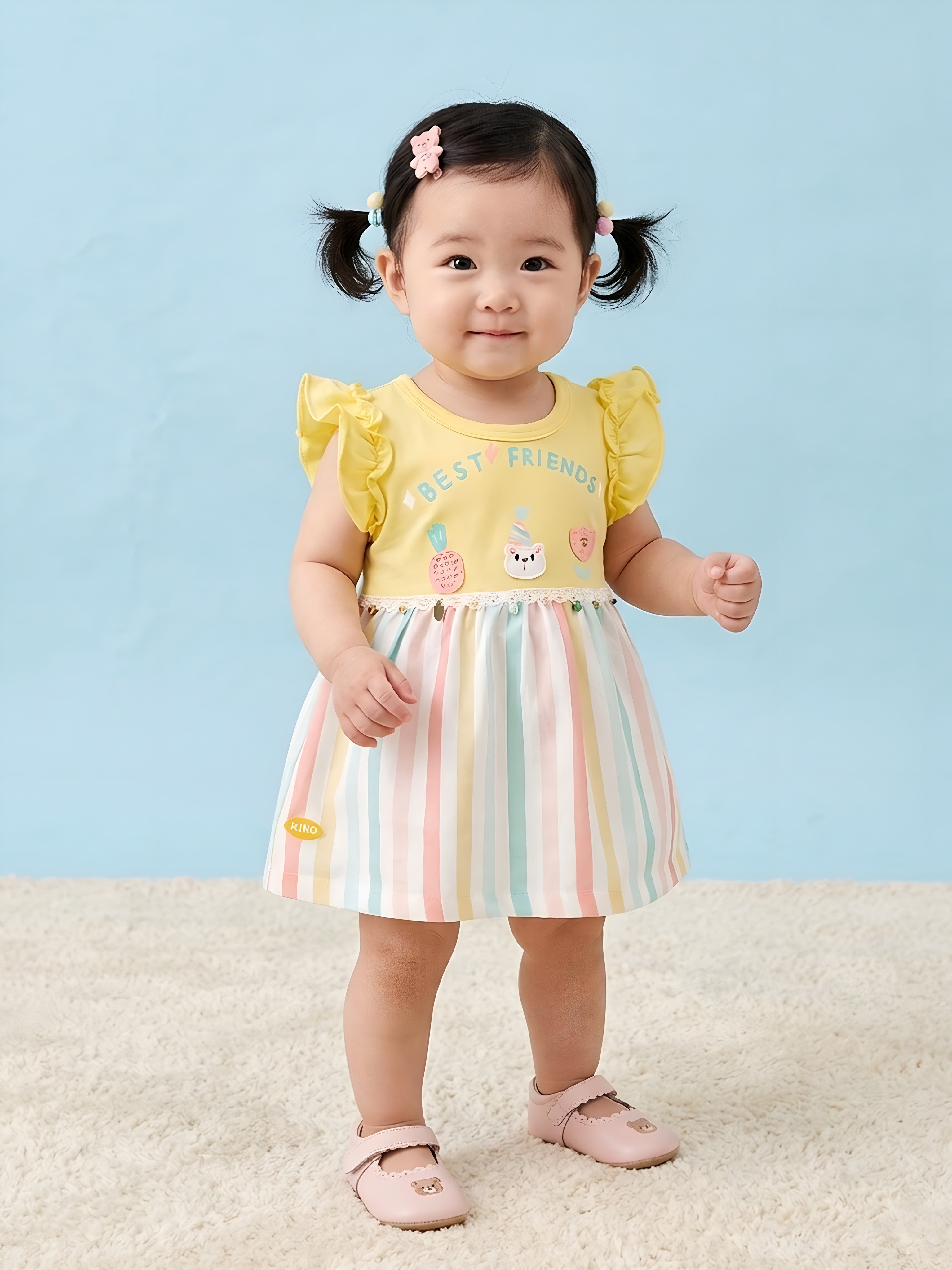 Infant Rainbow Striped Casual Frock with Panty Set