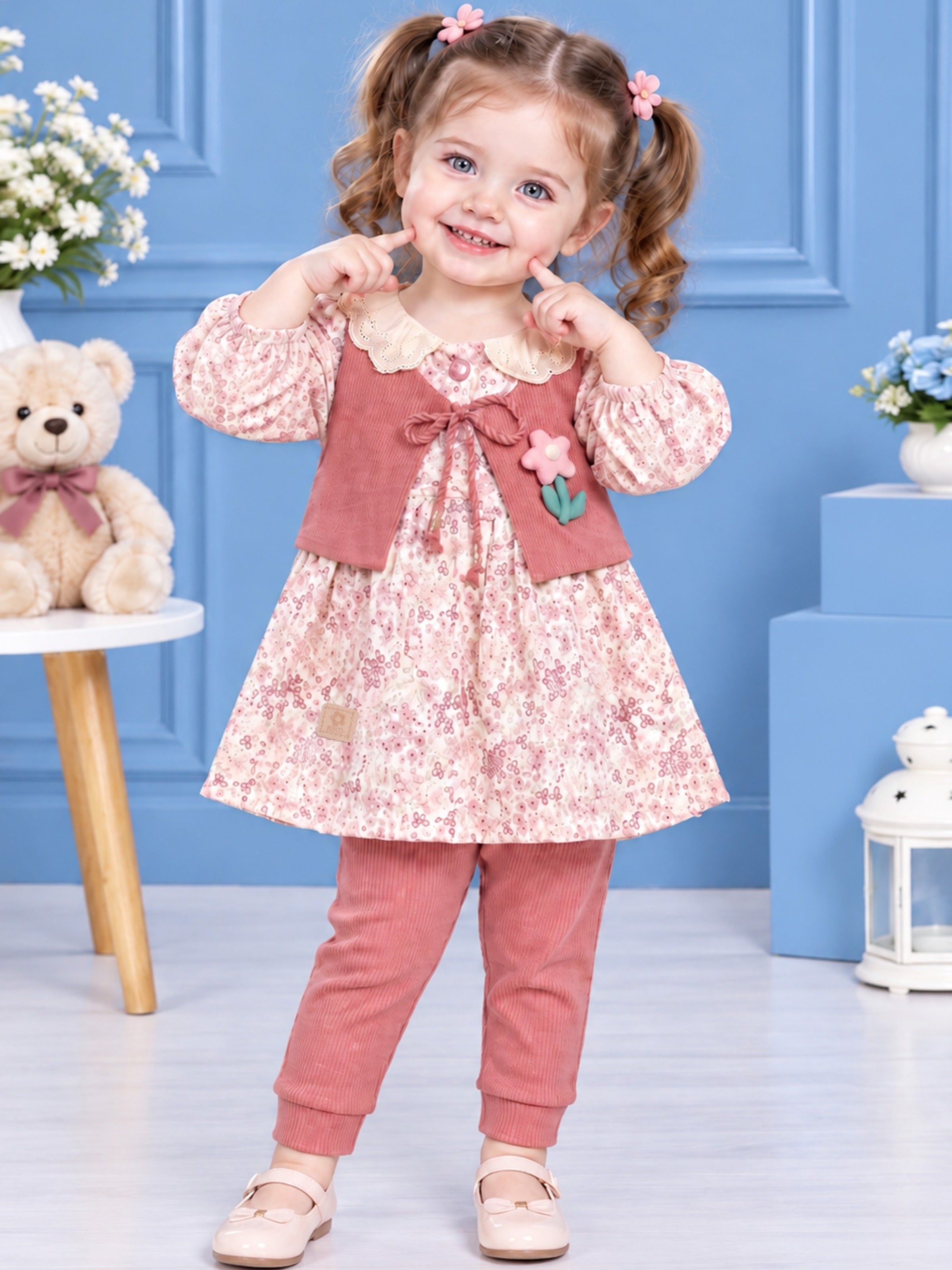 Baby Girls Floral Frock Top with Vest & Bottom Set