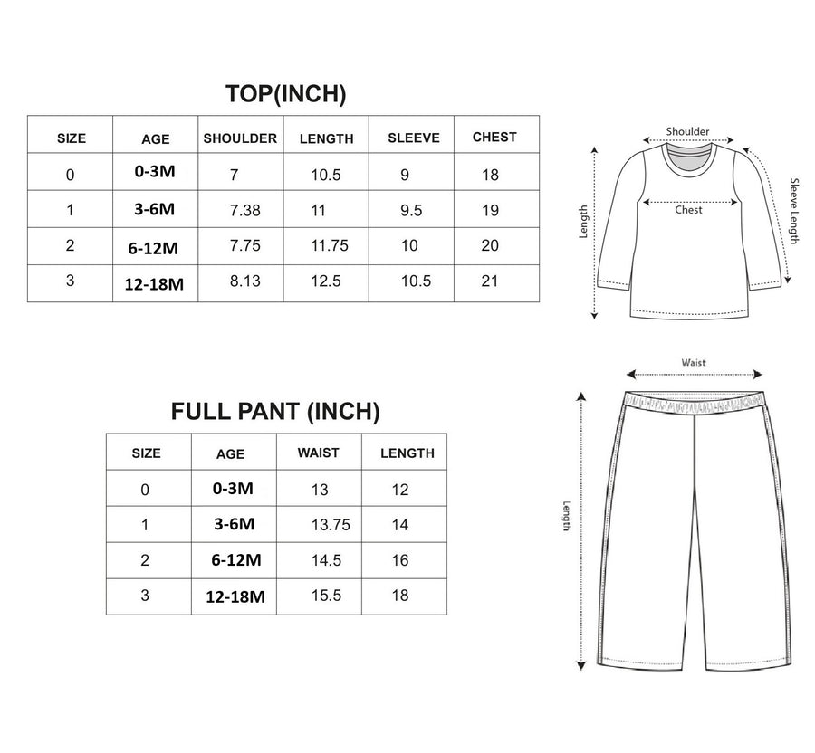 Baby Girl Floral Print Top and Pant Set size chart