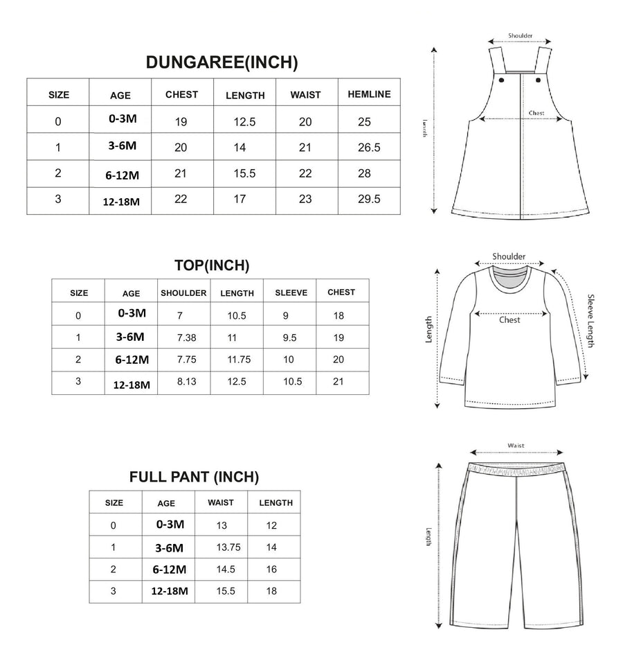 Baby Girls Dungaree Dress with Leggings Set size chart