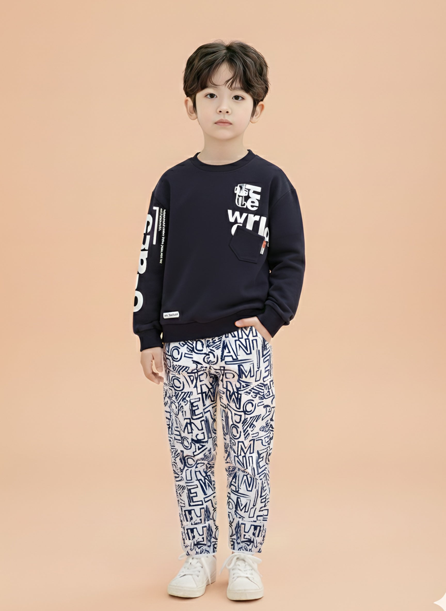 Boys Winter Outfit Set – Warm Sweatshirt & Pant | Navy & Brown