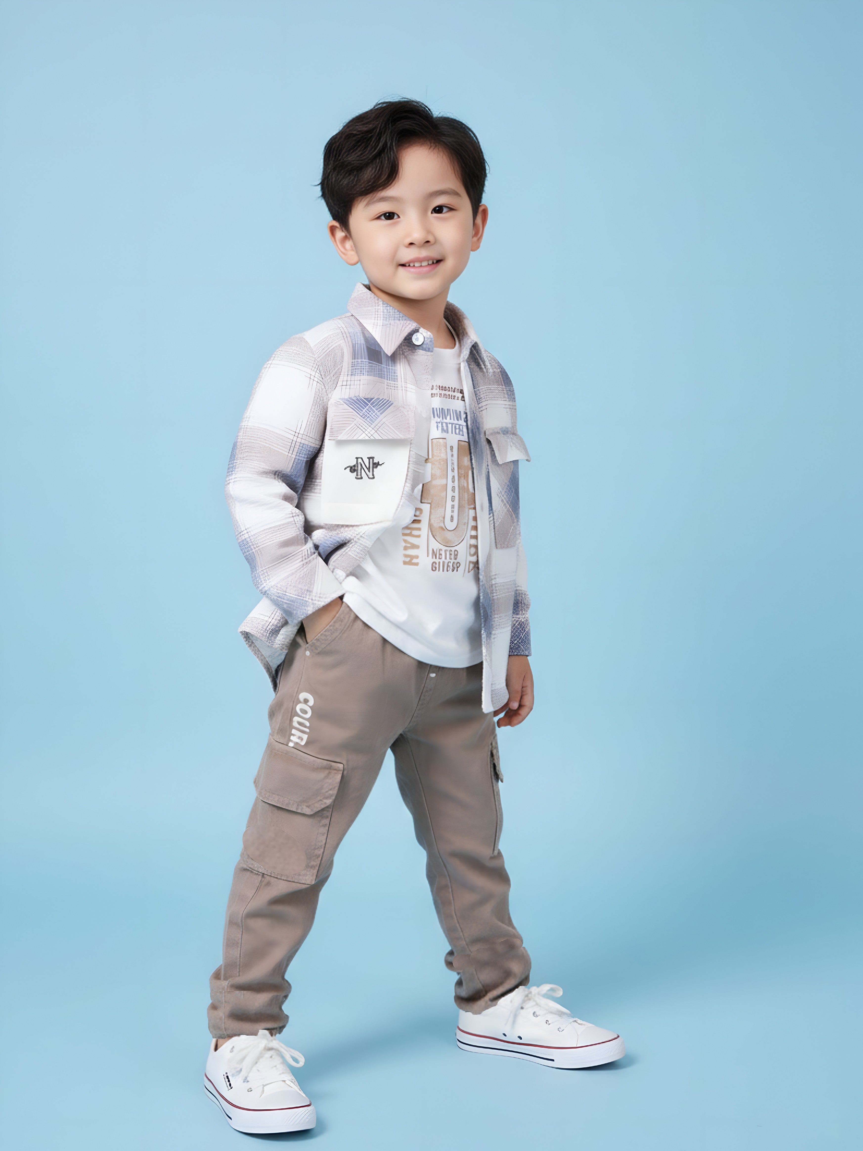 Boys Check Shirt with Printed T-Shirt & Cargo Pants Set