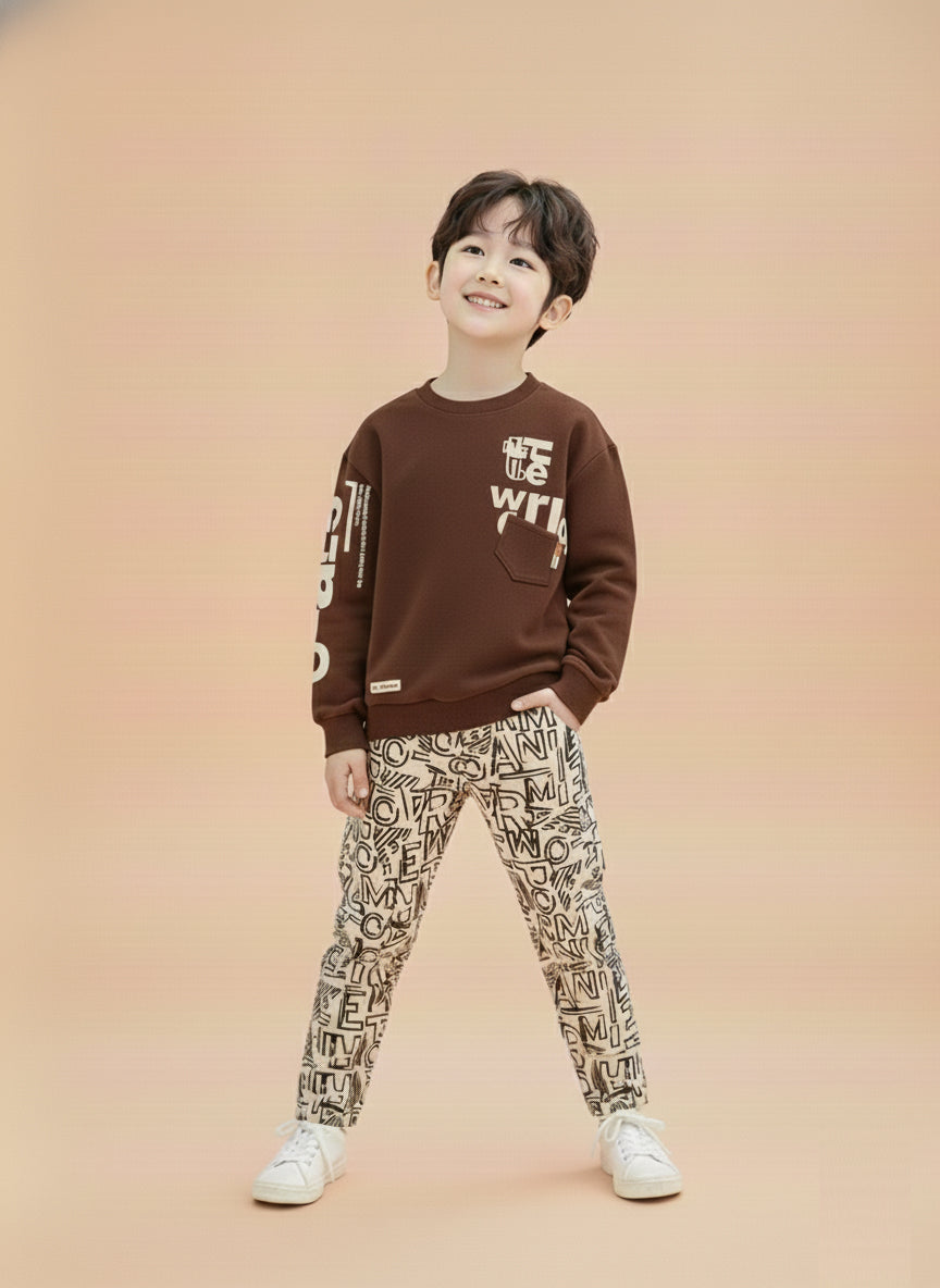 Boys Winter Outfit Set – Warm Sweatshirt & Pant | Navy & Brown