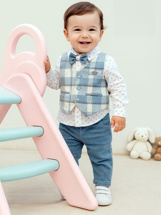 TINY TUX Shirt Waistcoat & Pant Set With Applique Bow