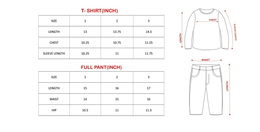 Kids Casual Outfit – Printed Full Sleeve Kurta With Matching Pants size chart