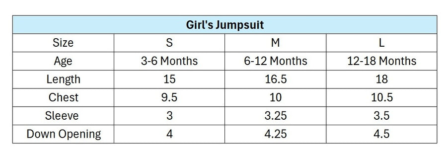 Baby Girls Striped Bunny Jumpsuit Dress size chart