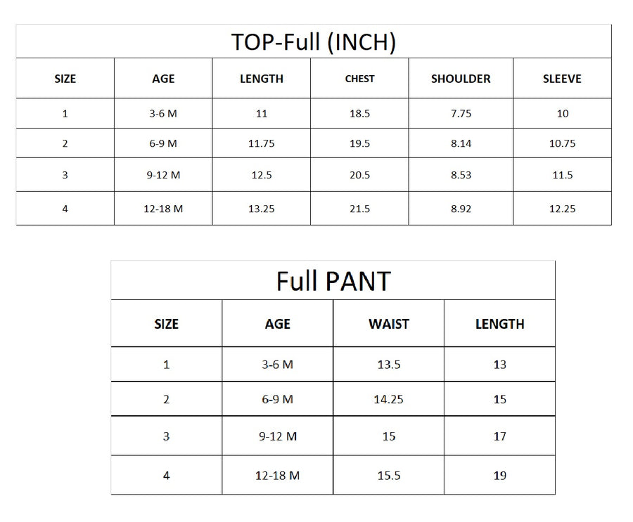 Baby Girls Graphic Printed Top and Matching Pants Set size chart