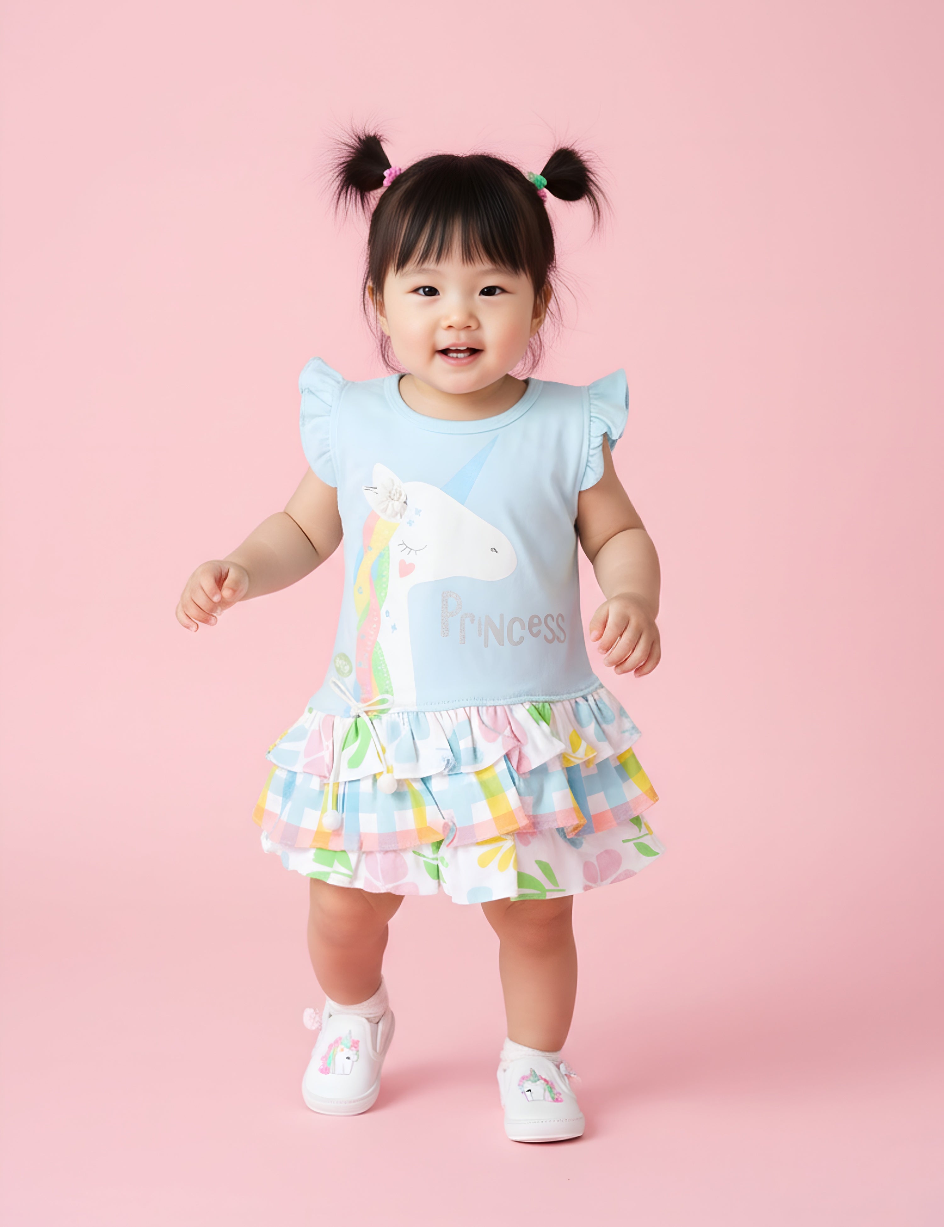 Toddler Girls Unicorn Princess Ruffle Dress – Flutter Sleeve Tiered Frock Outfit