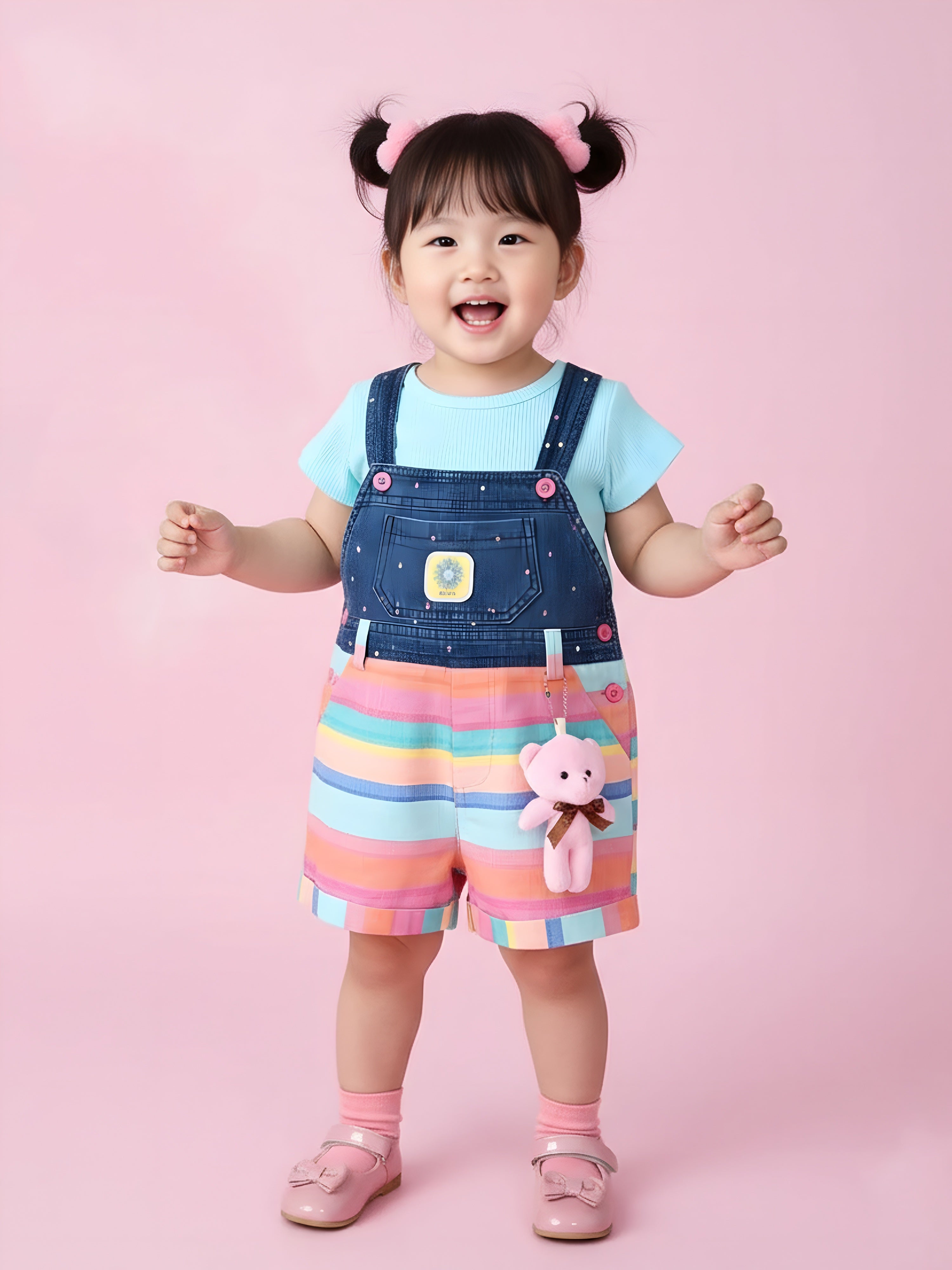 Sweet Rainbow Stripe Denim Overall Shorts Set for Toddler Girls