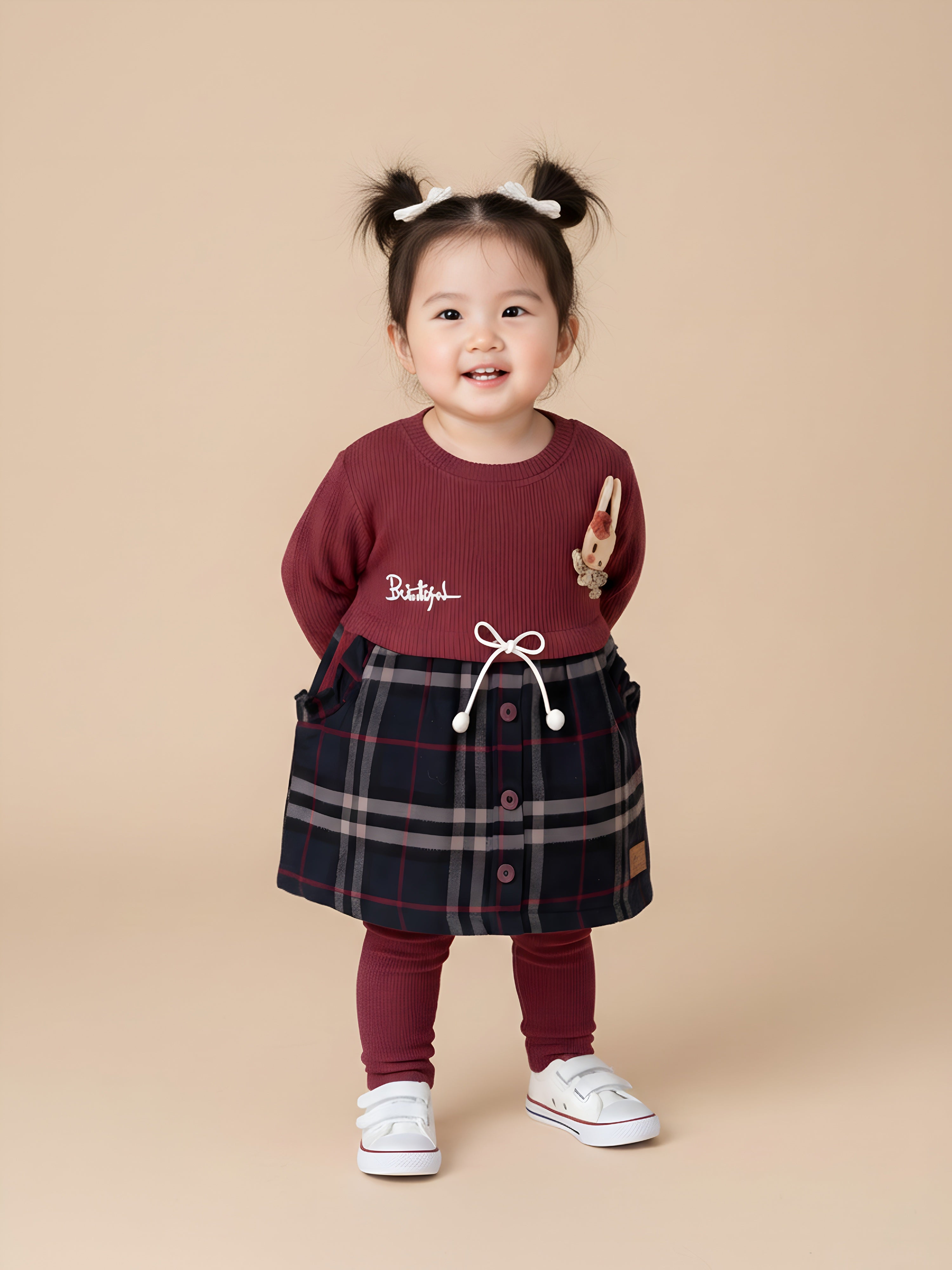 Toddler Girls’ Two-Piece Ribbed Knit Set – Maroon Tunic with Plaid Skirt Overlay and Matching Leggings