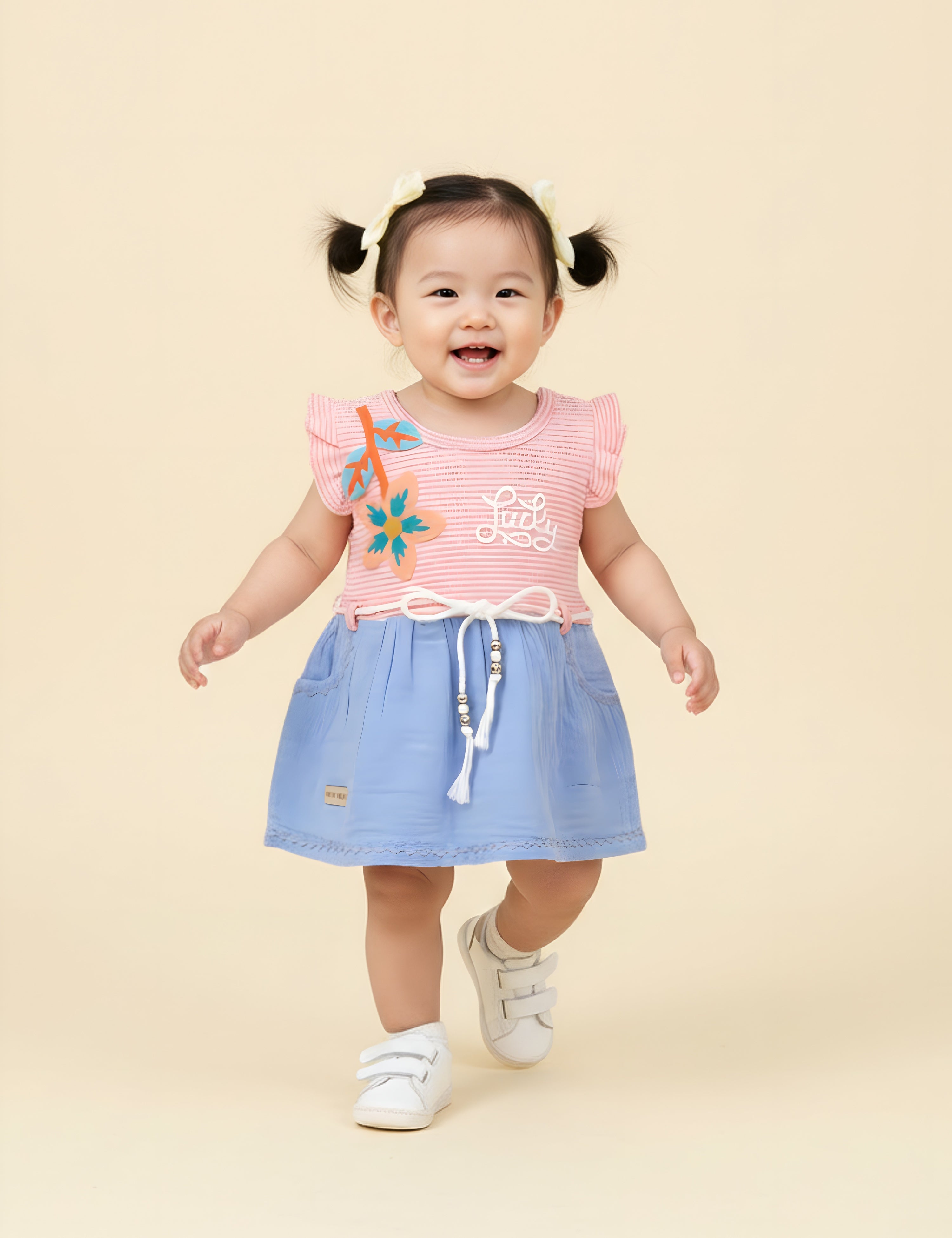 KIKO Infant Girls Striped Applique Fit & Flare Dress