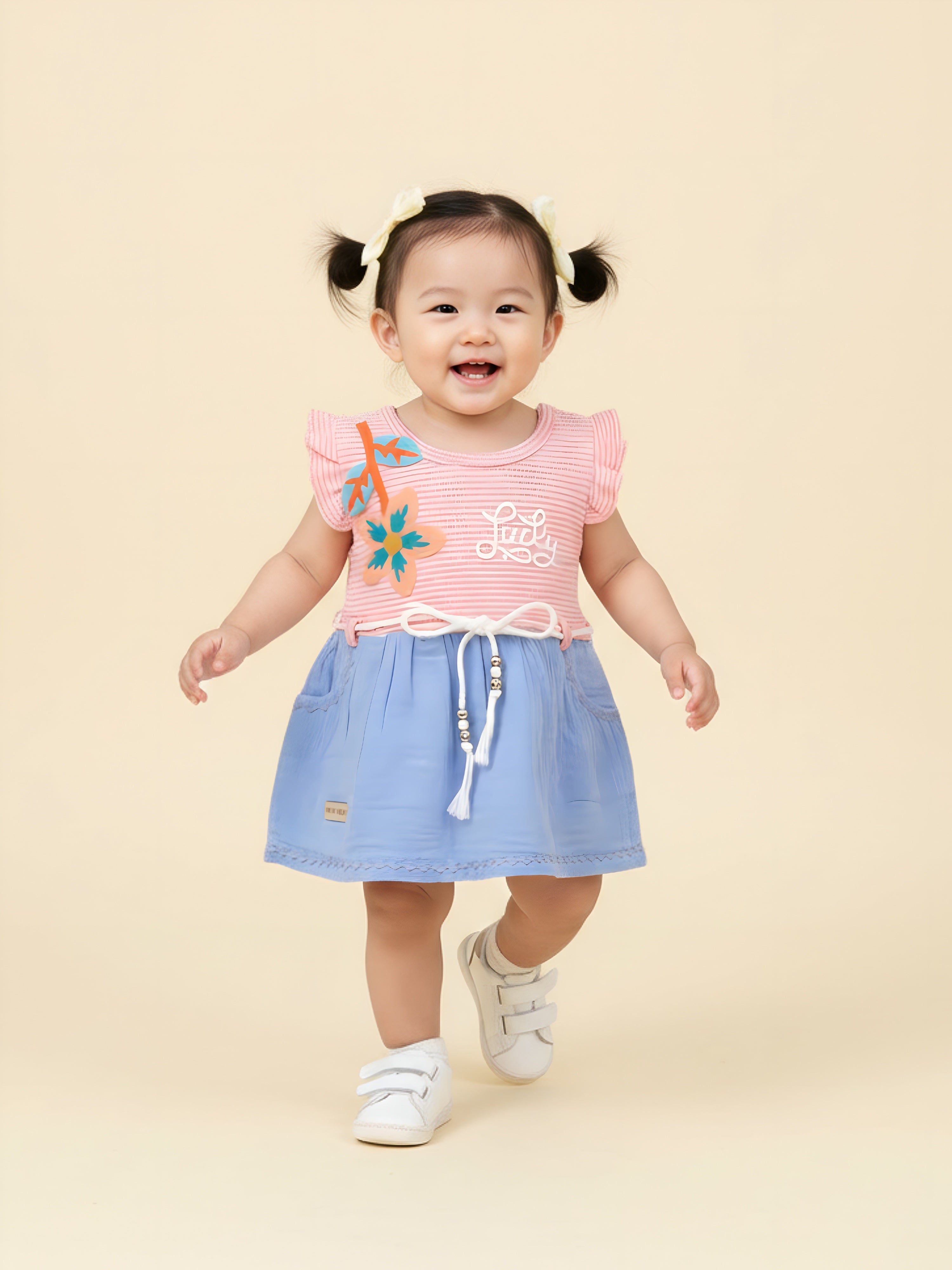 KIKO Infant Girls Striped Applique Fit & Flare Dress
